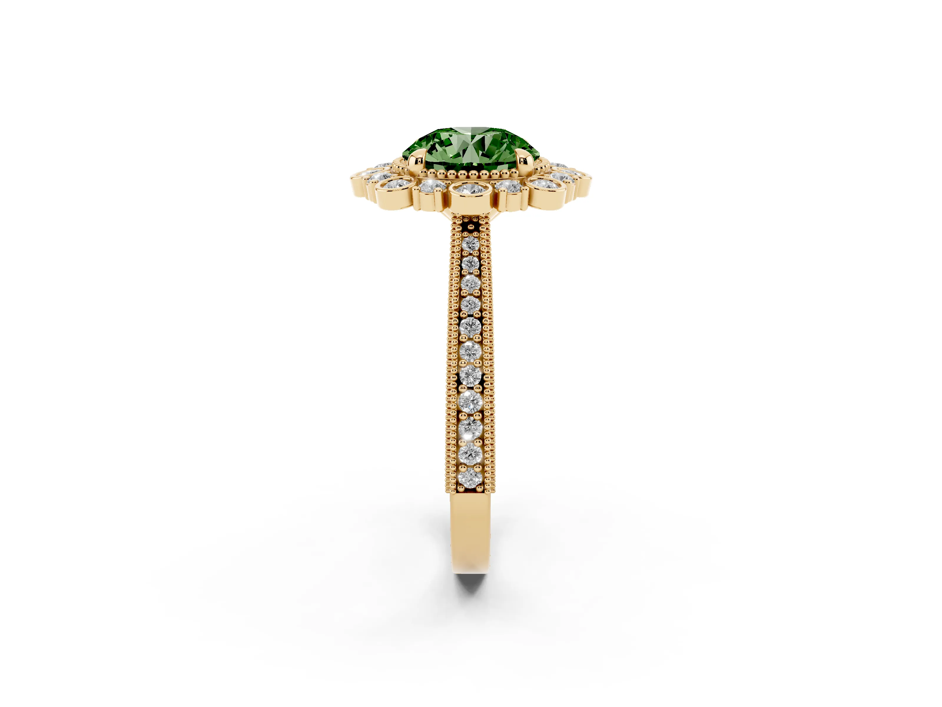 Fancy Green Round Cut Diamond Halo Milgrain Pavé Ring Set in Yellow gold with Prong Setting
