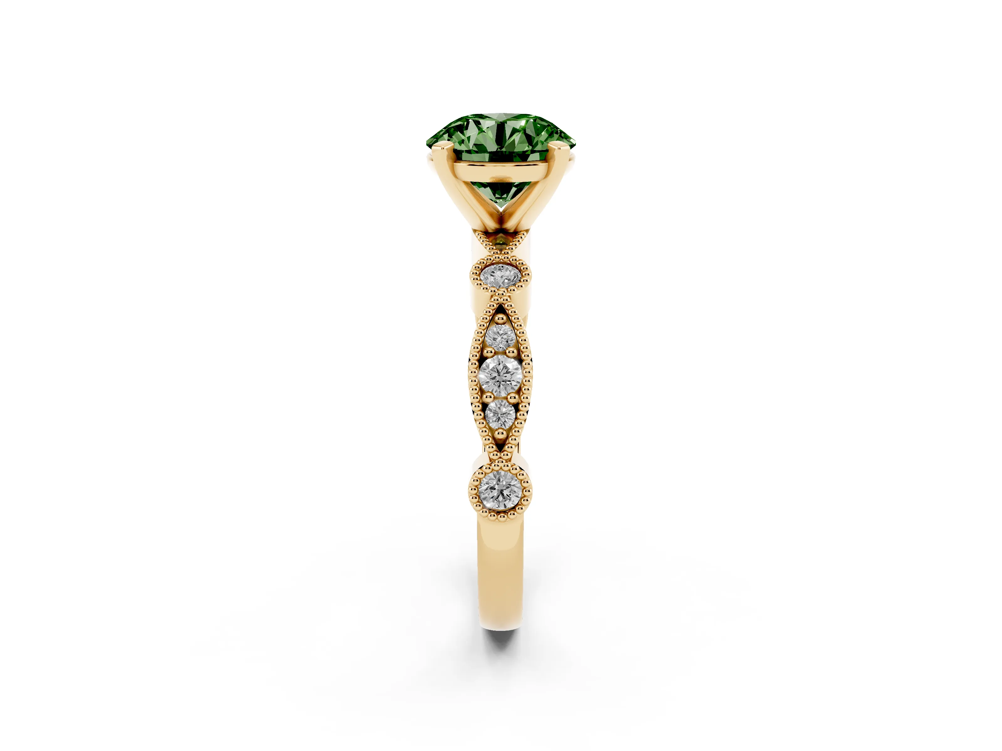 Fancy Green Round Cut Diamond Solitaire Engagement Ring Set in Yellow gold with Milgrain Bezel Accent Band