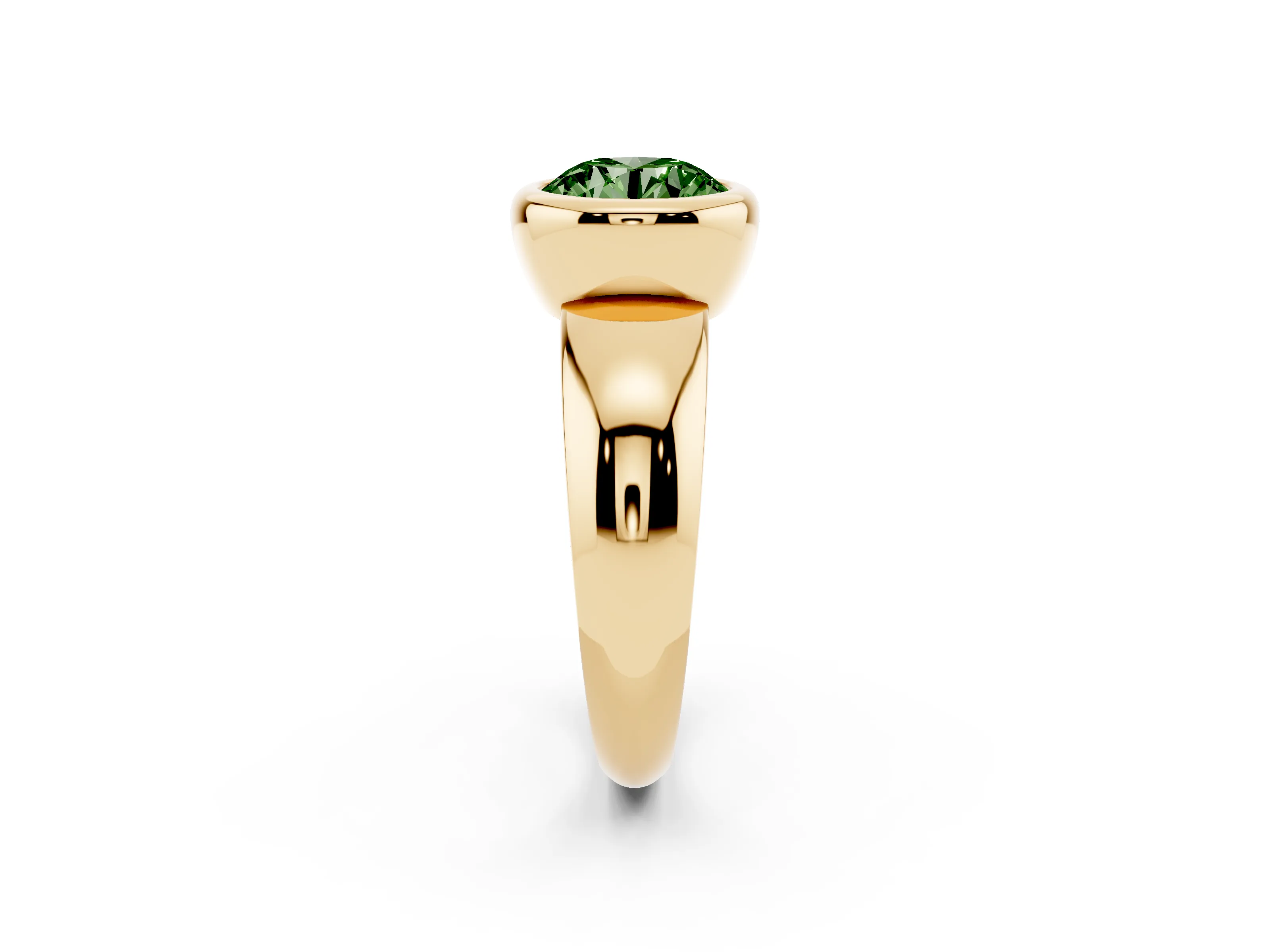 Fancy Green Bezel Set Round Cut Diamond Solitaire Ring Set in Yellow gold with Wide Band