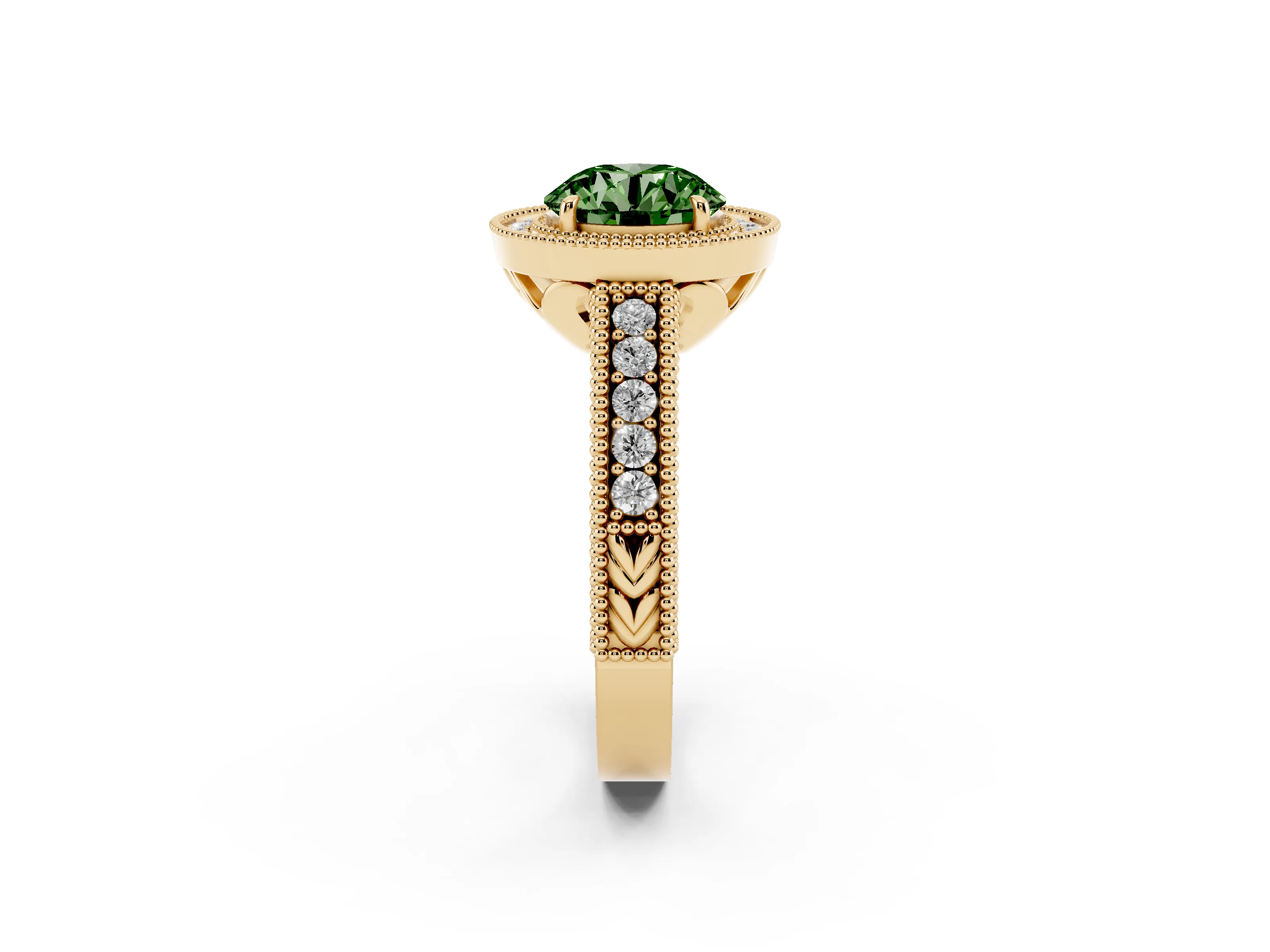 Fancy Green Round Cut Diamond Halo Ring Set in Yellow gold with Round Accent Halo, Pavé Band and Prong Setting