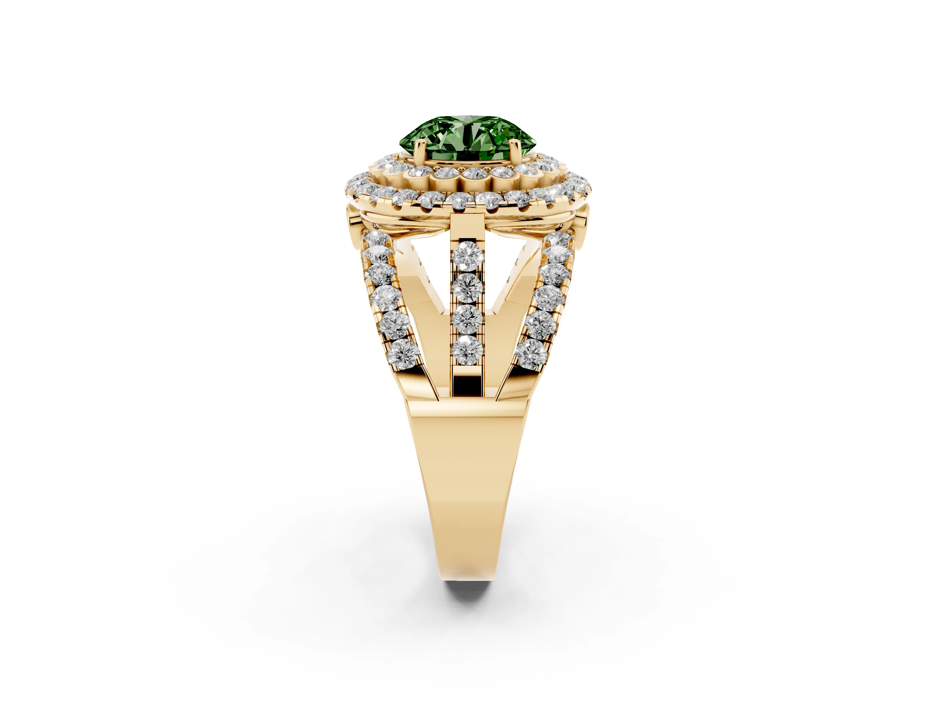 Fancy Green Round Cut Diamond Double Halo Ring Set in Yellow gold with Round Pavé Split Shank