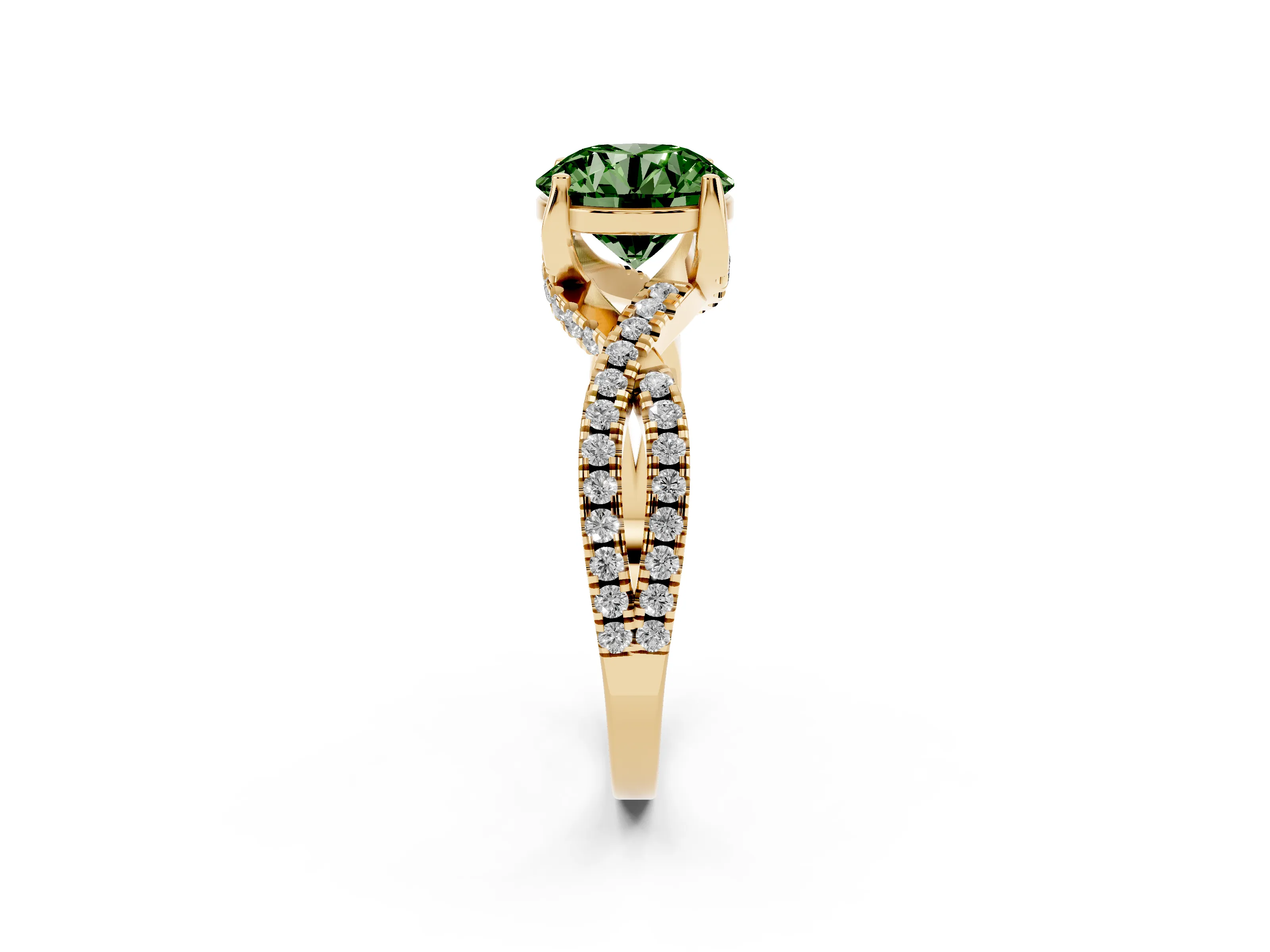 Fancy Green Round Cut Diamond Twist Pavé Solitaire Engagement Ring Set in Yellow gold with Prong Setting