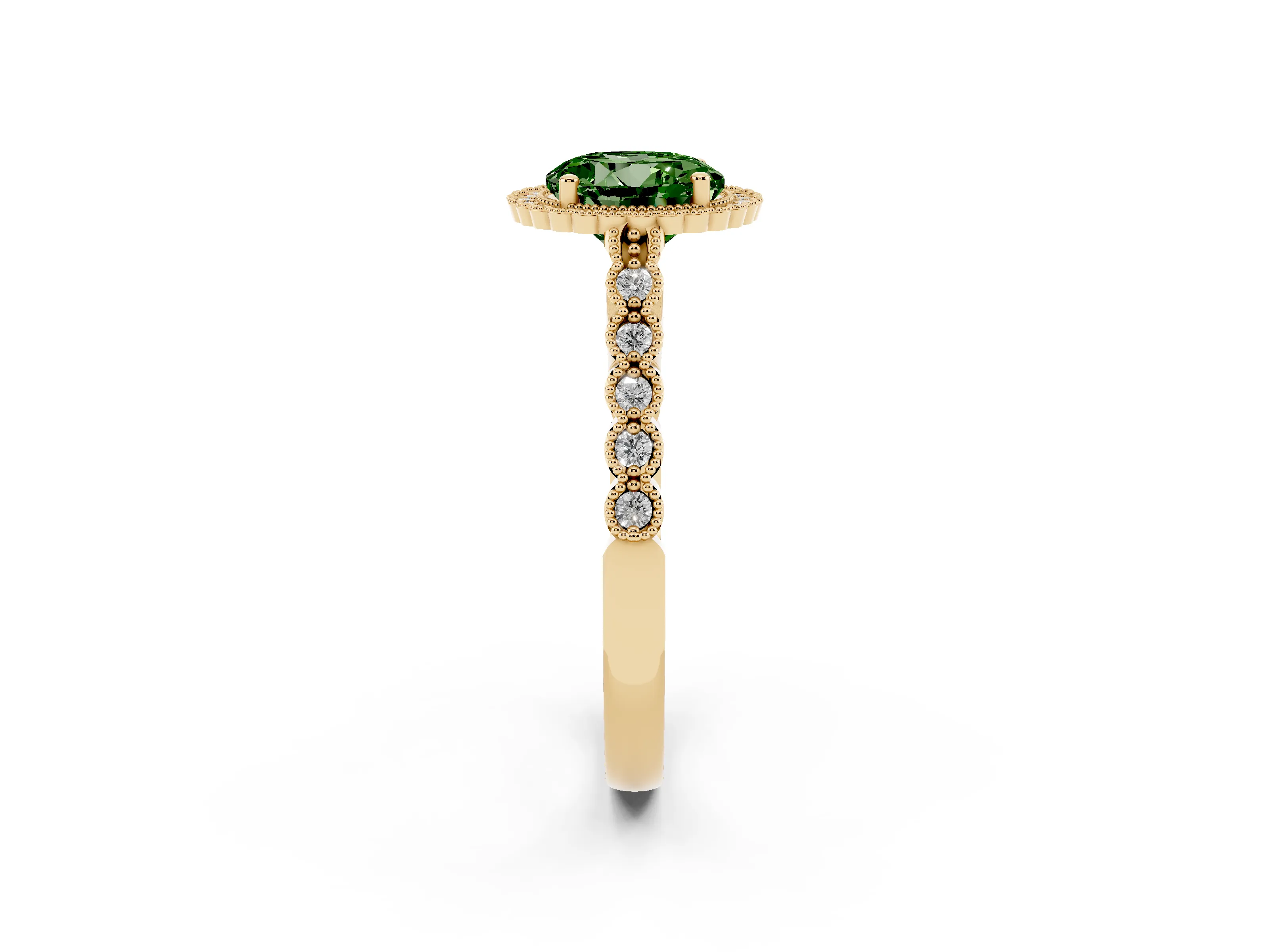 Fancy Green Round Cut Diamond Halo Ring Set in Yellow gold with Pavé Milgrain Band