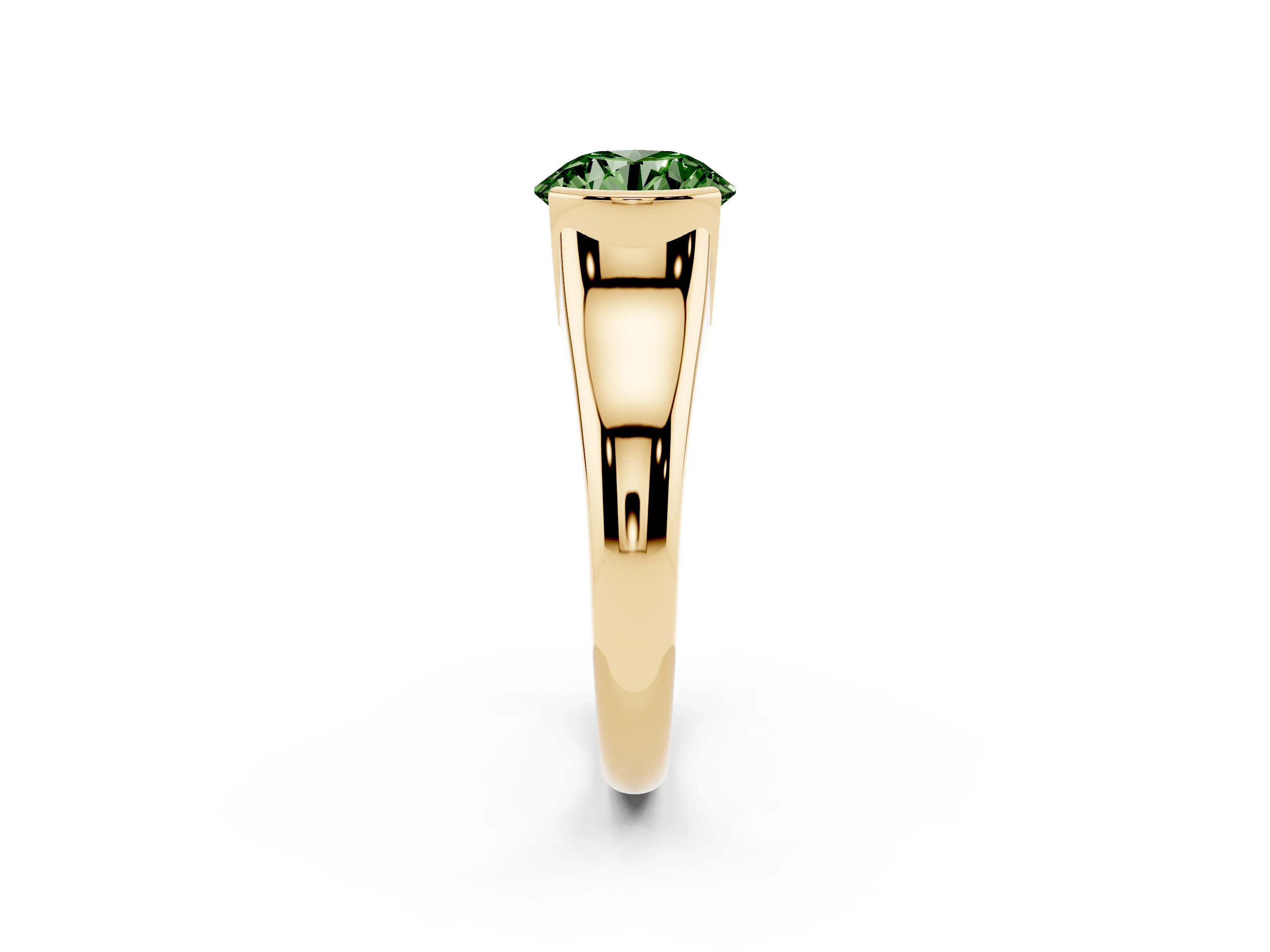 Fancy Green Round Cut Diamond Solitaire Tension Set Ring Set in Yellow gold with Split Shank Band