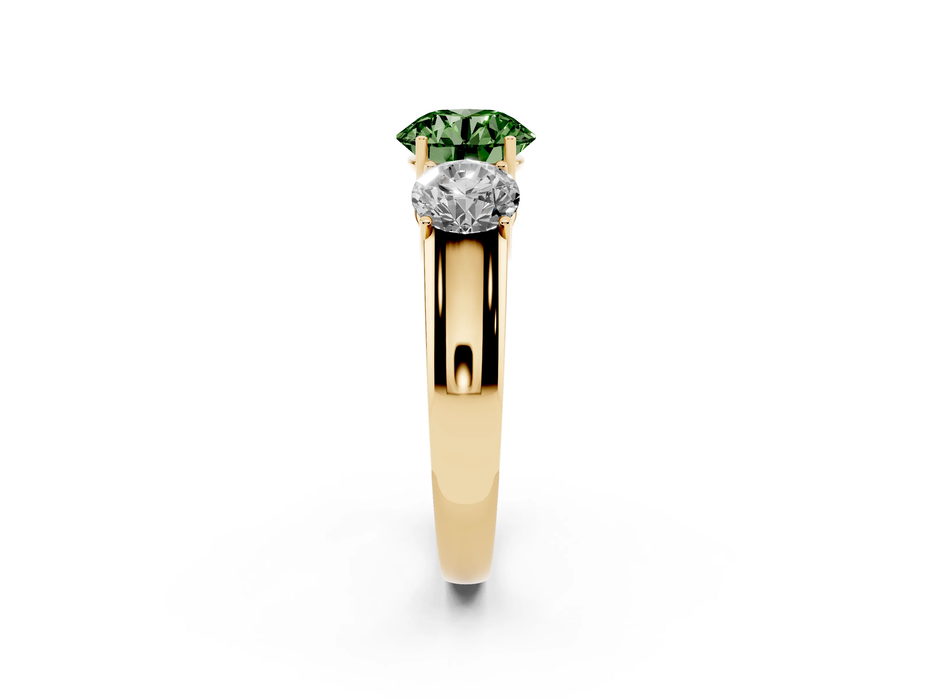 Fancy Green Three-Stone Round Cut Diamond Ring Set in Yellow gold with Matching Prong Settings and Plain Band