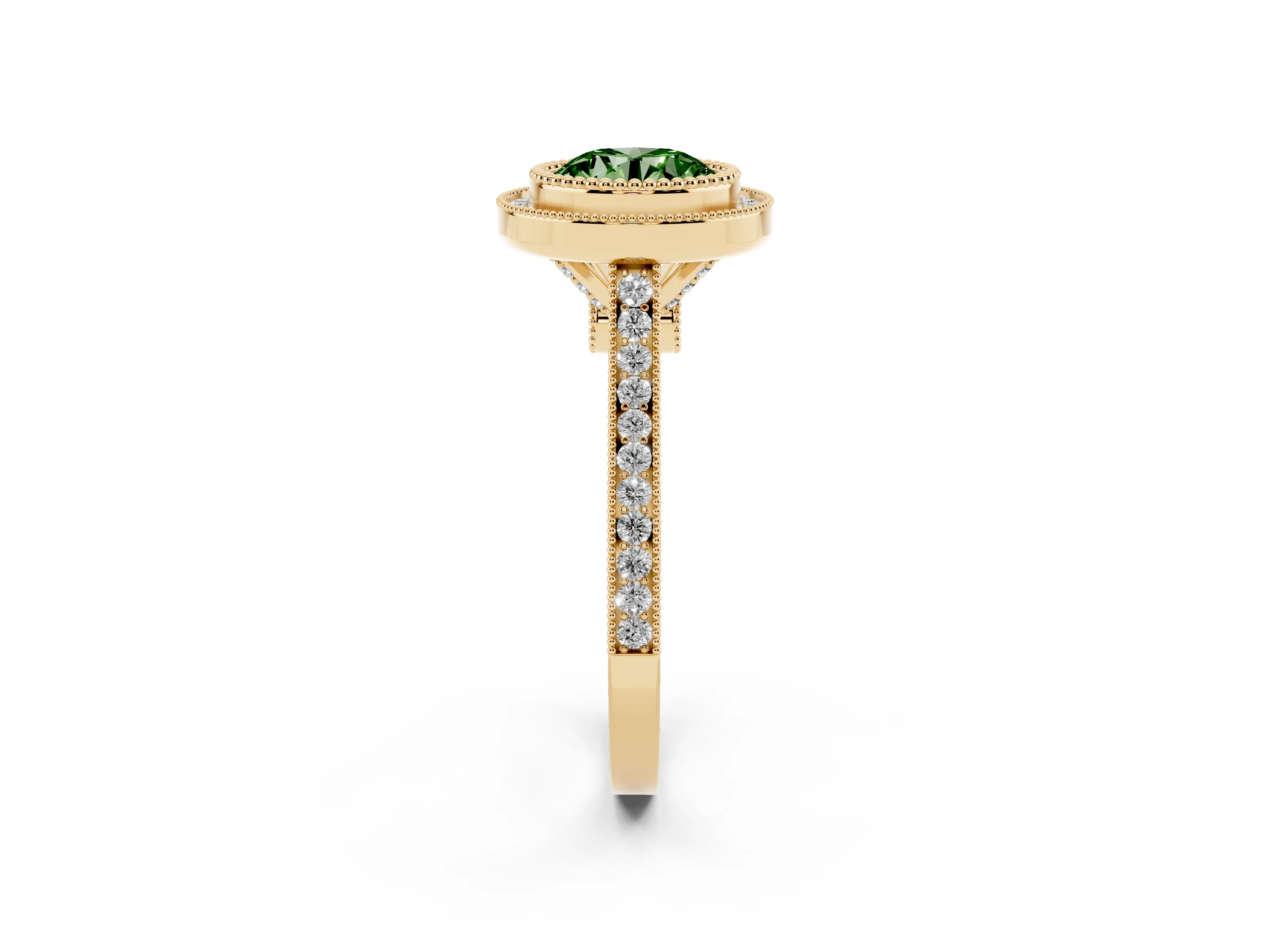 Fancy Green Round Cut Diamond Halo Ring Set in Yellow gold with Milgrain Frame and Pavé Band