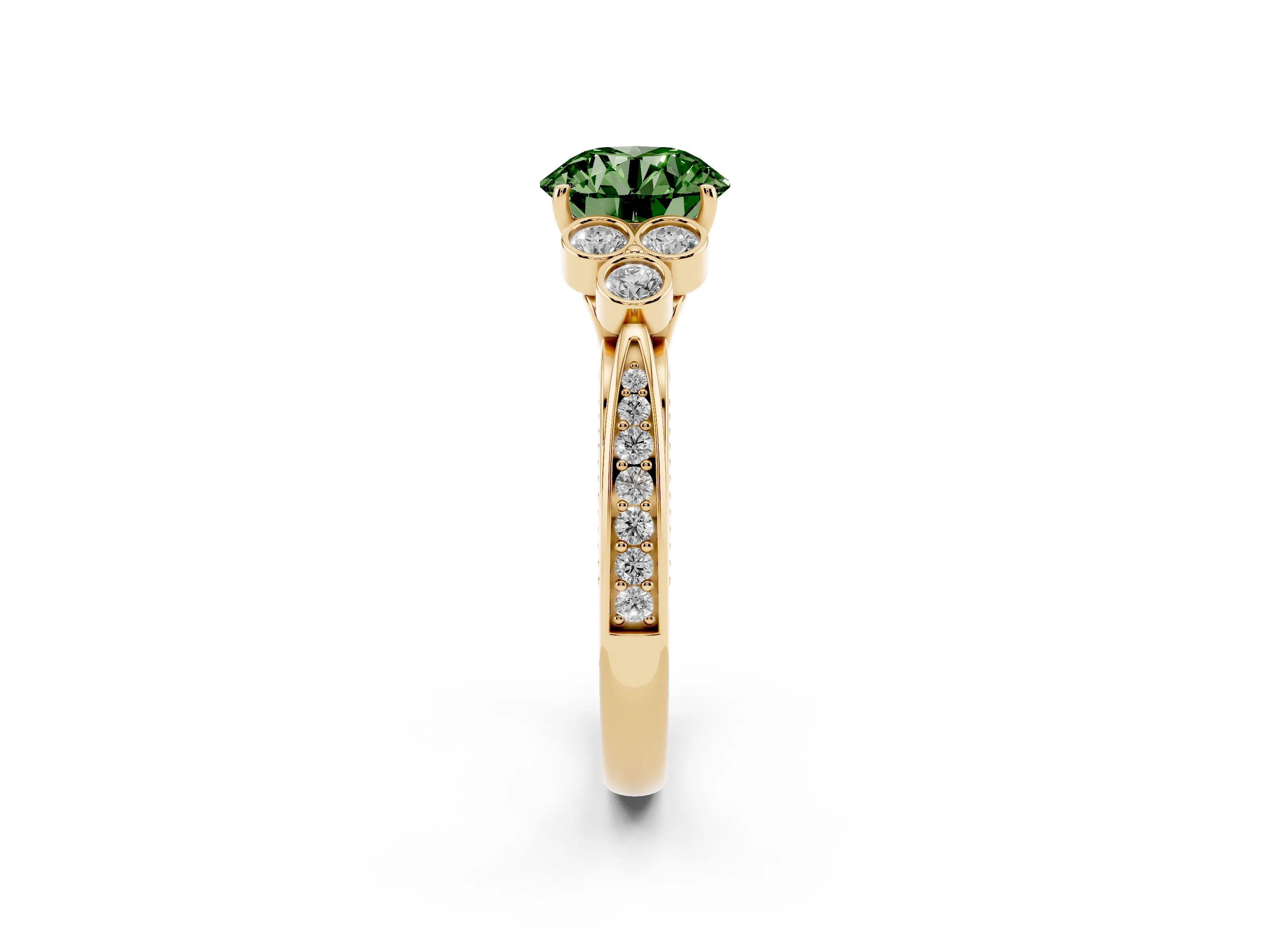 Fancy Green Round Cut Diamond Engagement Ring Set in Yellow gold with Bezel Set Round Side Stones and Prong Setting