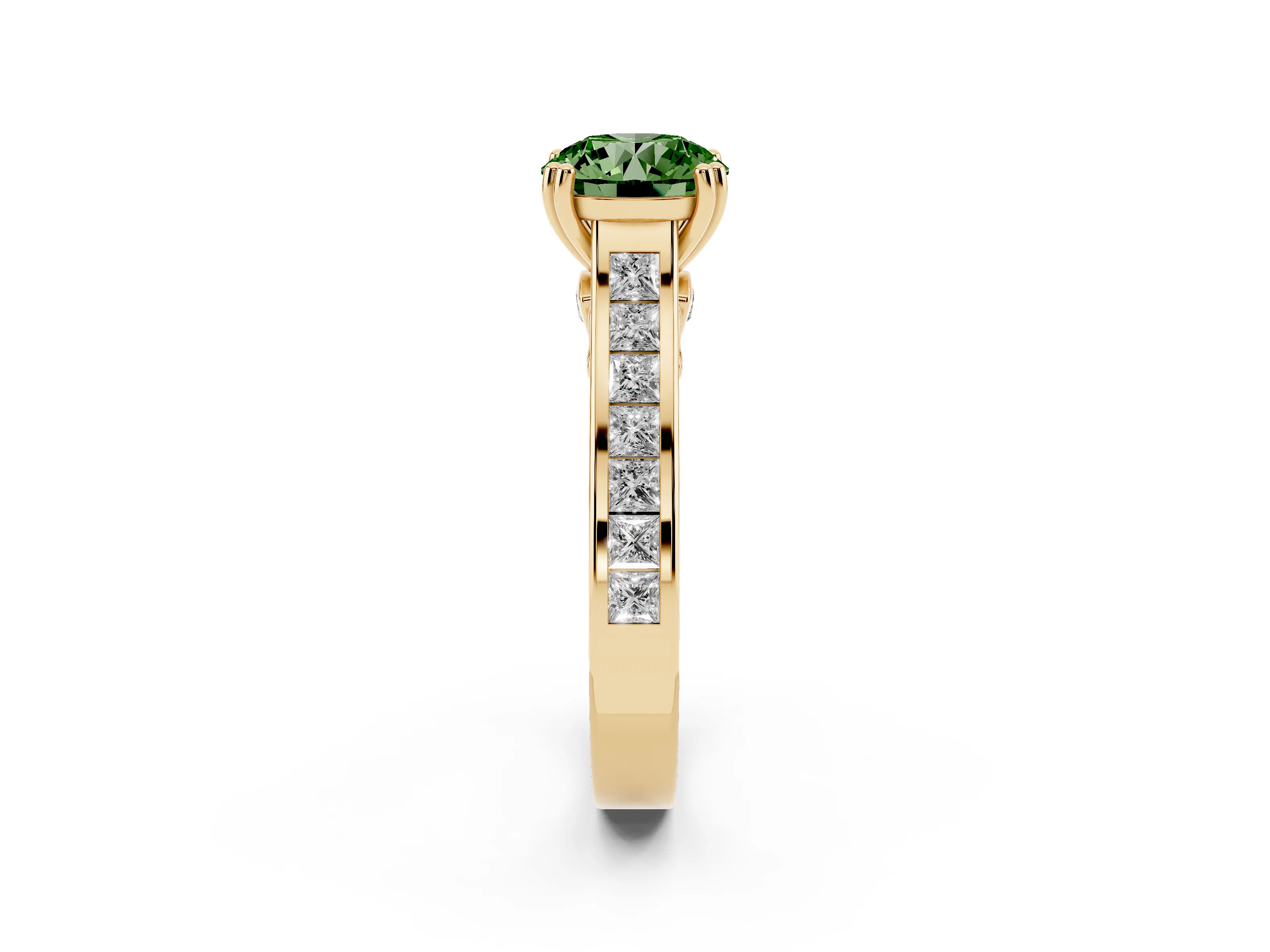 Fancy Green Round Cut Diamond Channel Set Solitaire Engagement Ring Set in Yellow gold with Prong Setting
