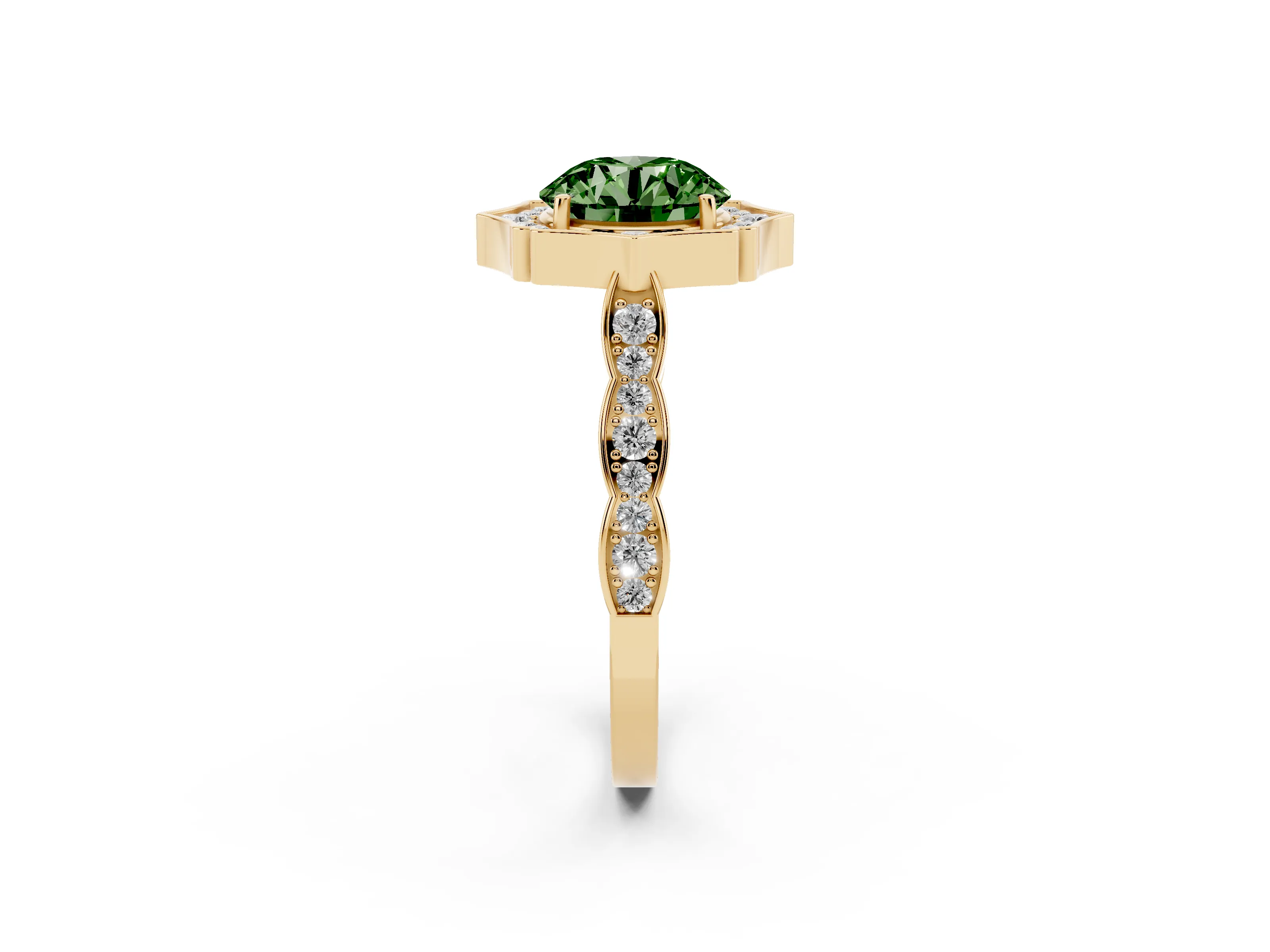 Fancy Green Round Cut Diamond Halo Engagement Ring Set in Yellow gold with Milgrain Band and Prong Setting
