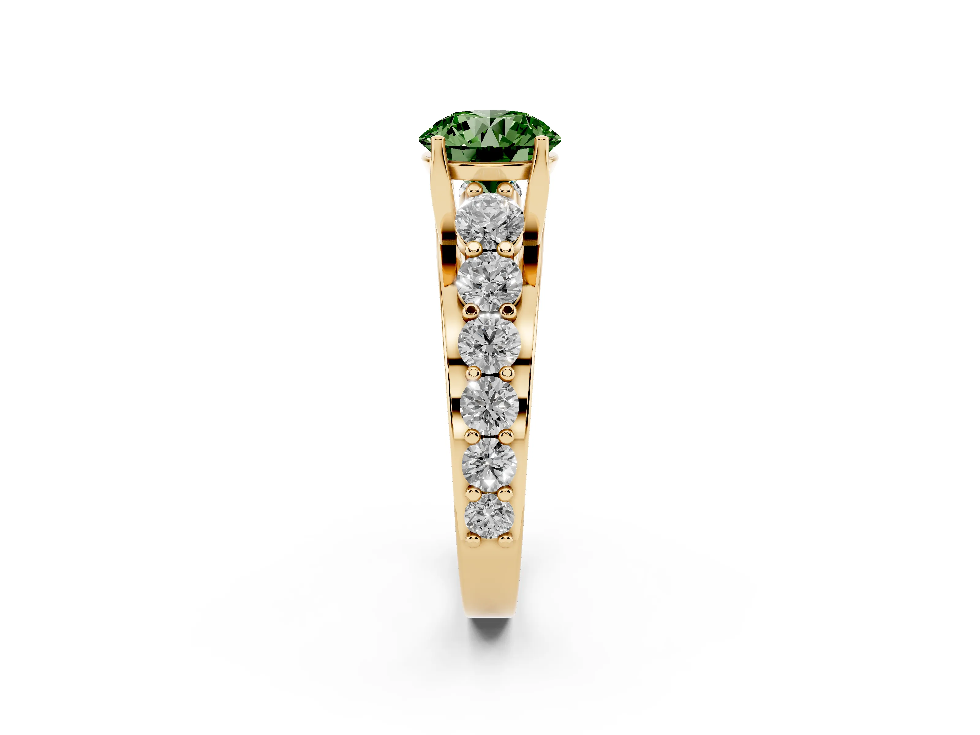 Fancy Green Round Cut Diamond Pavé Engagement Ring Set in Yellow gold with Prong Setting