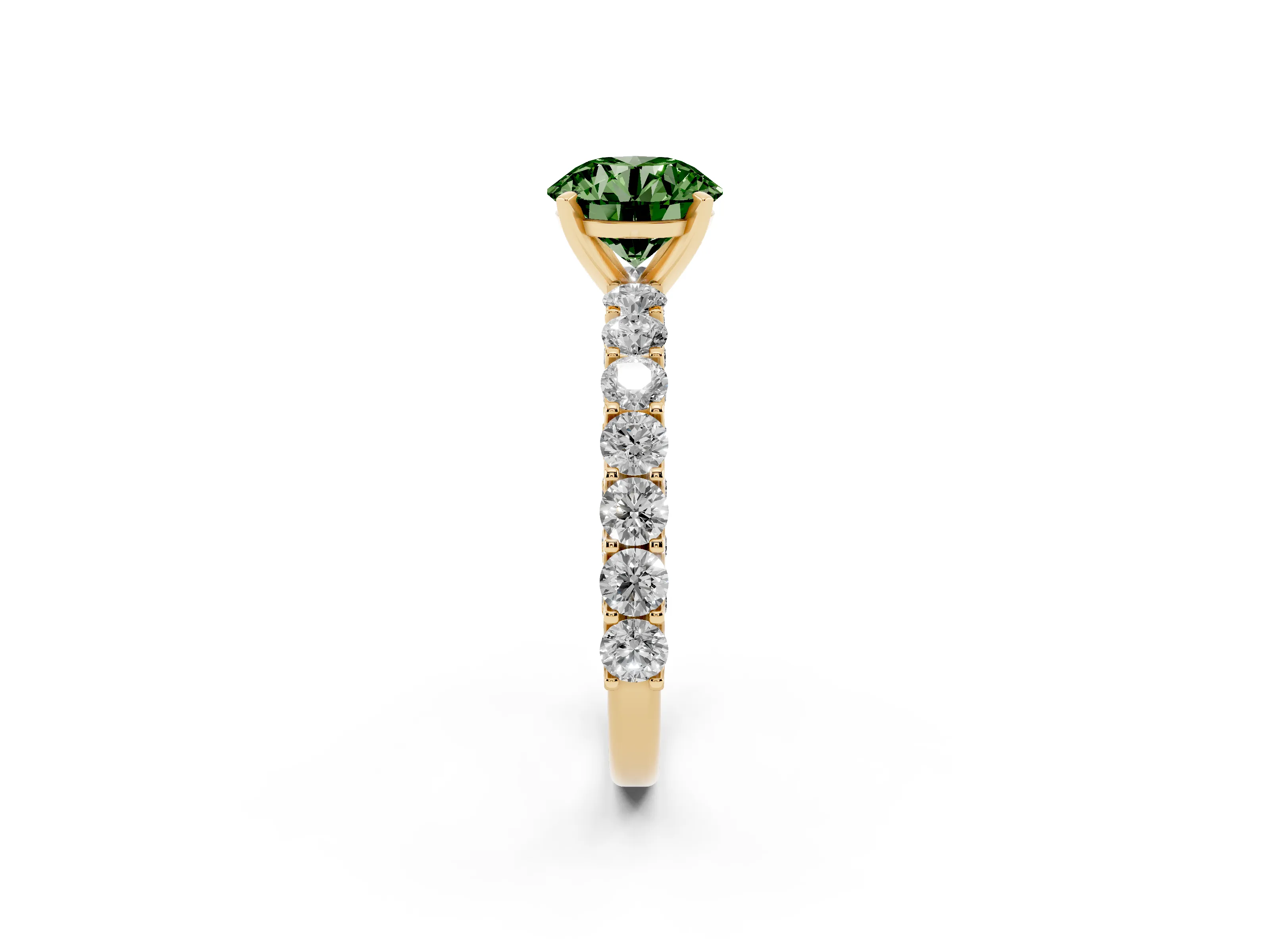 Fancy Green Round Cut Diamond Solitaire Ring Set in Yellow gold with Shared Prong Pavé Band