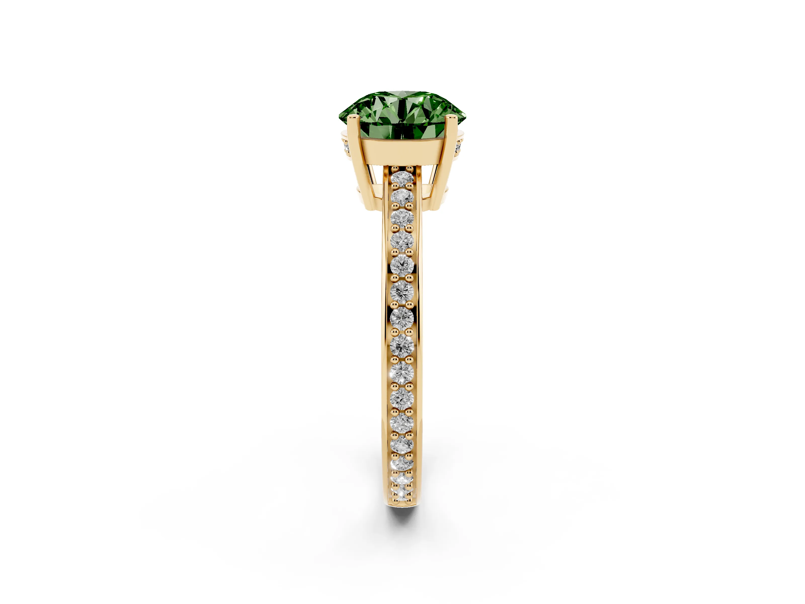 Fancy Green Round Cut Diamond Pavé Band Prong Set Solitaire Ring Set in Yellow gold