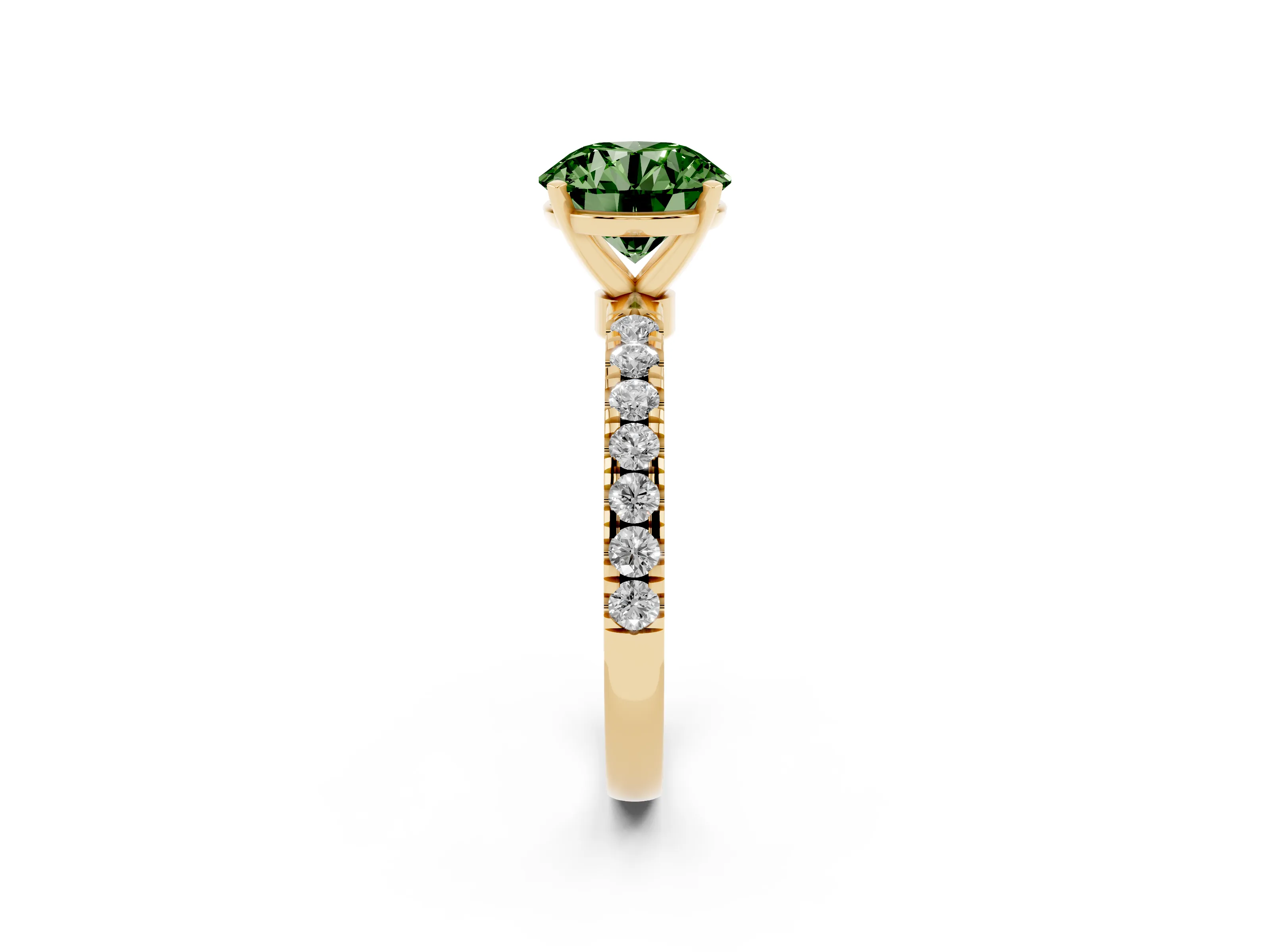 Fancy Green Round Cut Diamond Solitaire Ring Set in Yellow gold with Pavé Accents and Prong Setting