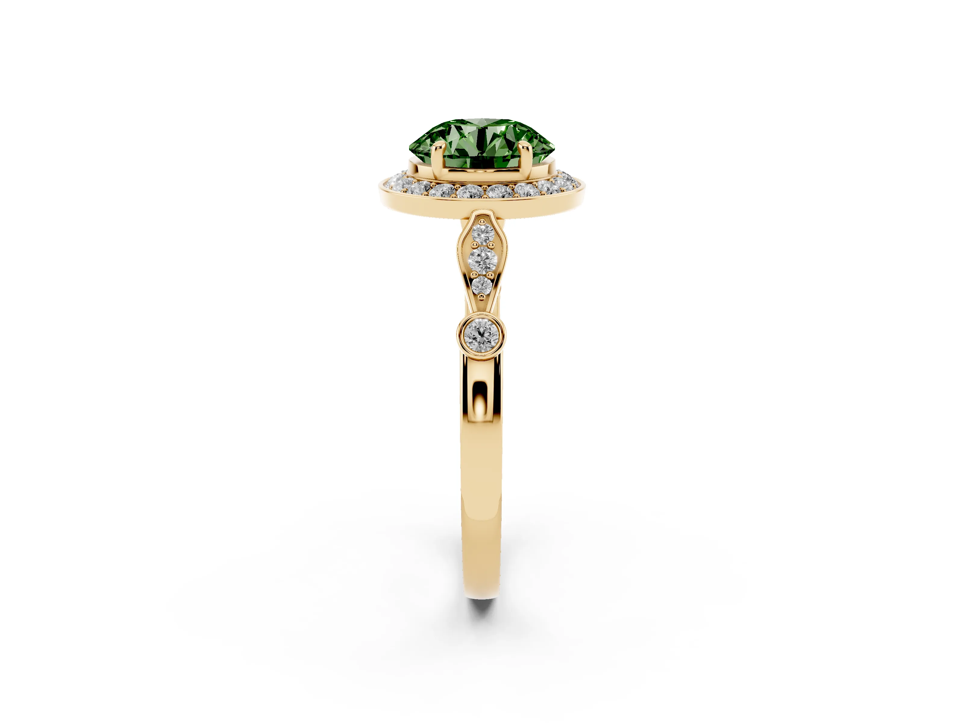 Fancy Green Round Cut Diamond Halo Engagement Ring Set in Yellow gold with Twisted Band and Prong Setting