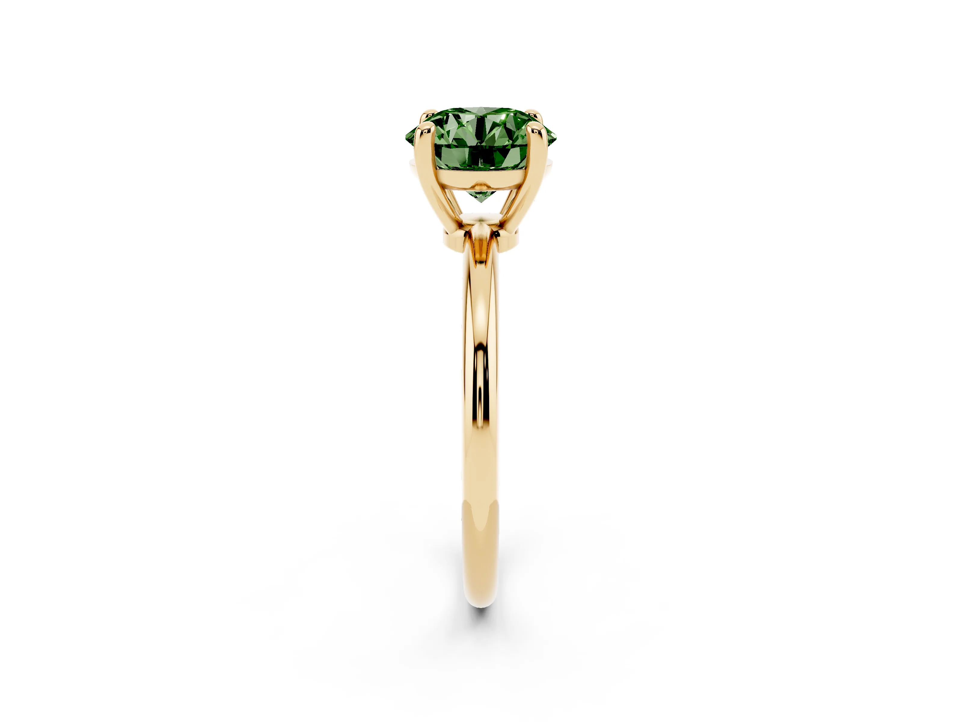 Fancy Green Round Cut Diamond Solitaire Ring Set in Yellow gold with Secure Prong Setting on a Classic Band