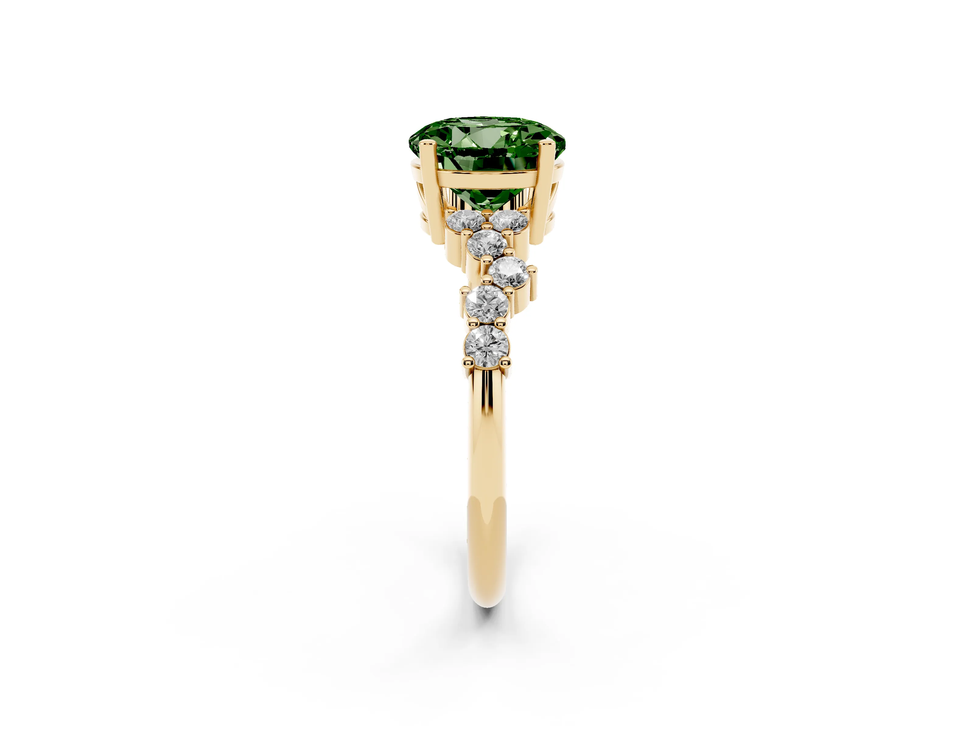 Fancy Green Round Cut Diamond Ring Set in Yellow gold with Scattered Round Accents