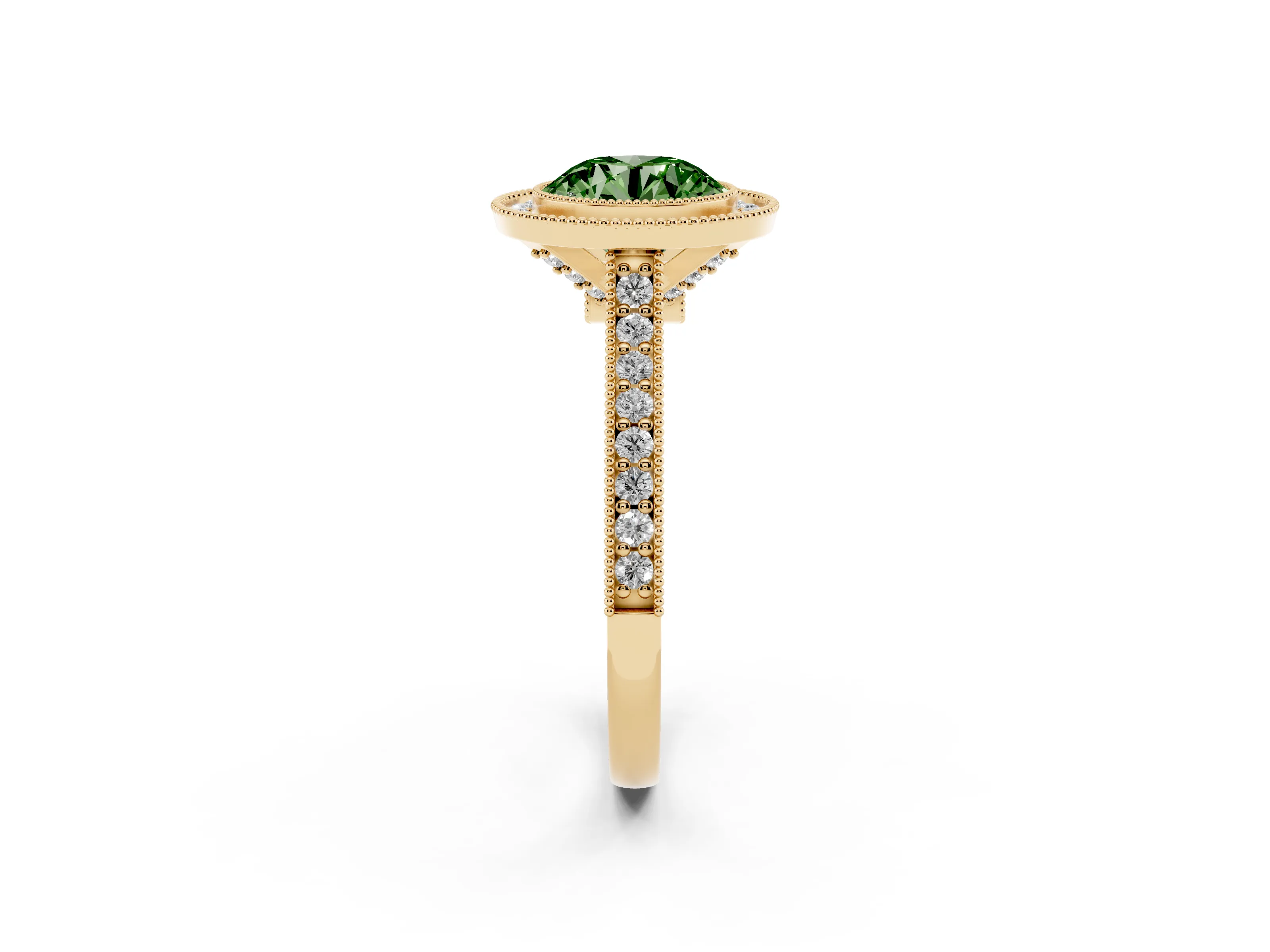Fancy Green Round Cut Diamond Halo Milgrain Pavé Band Ring Set in Yellow gold with Prong Setting