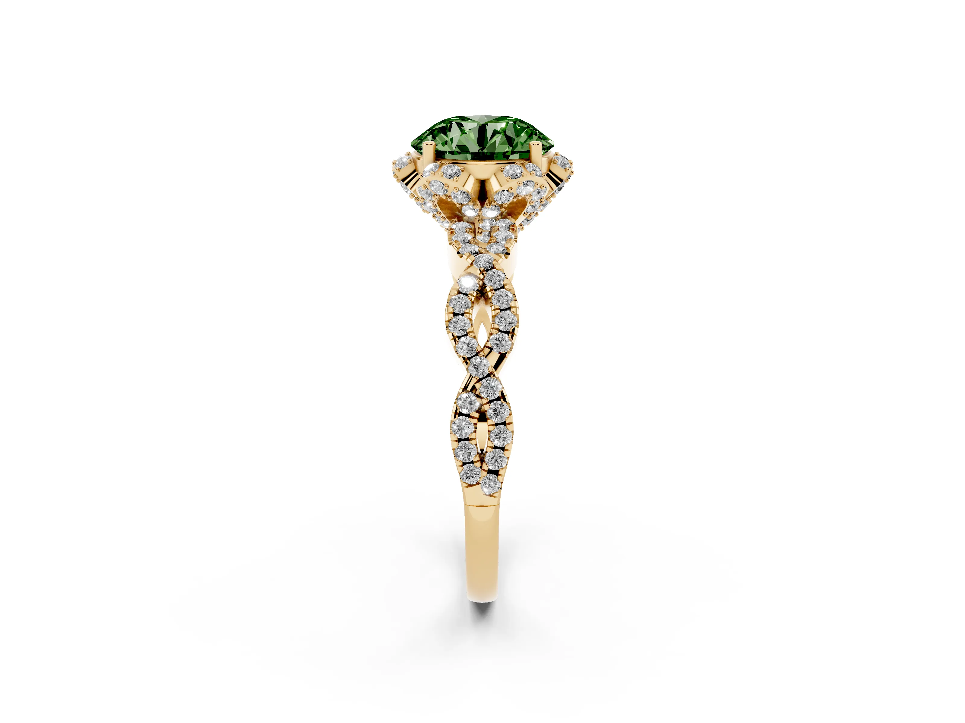 Fancy Green Round Cut Diamond Halo Twist Band Solitaire Ring Set in Yellow gold with Prong-Set Center Stone