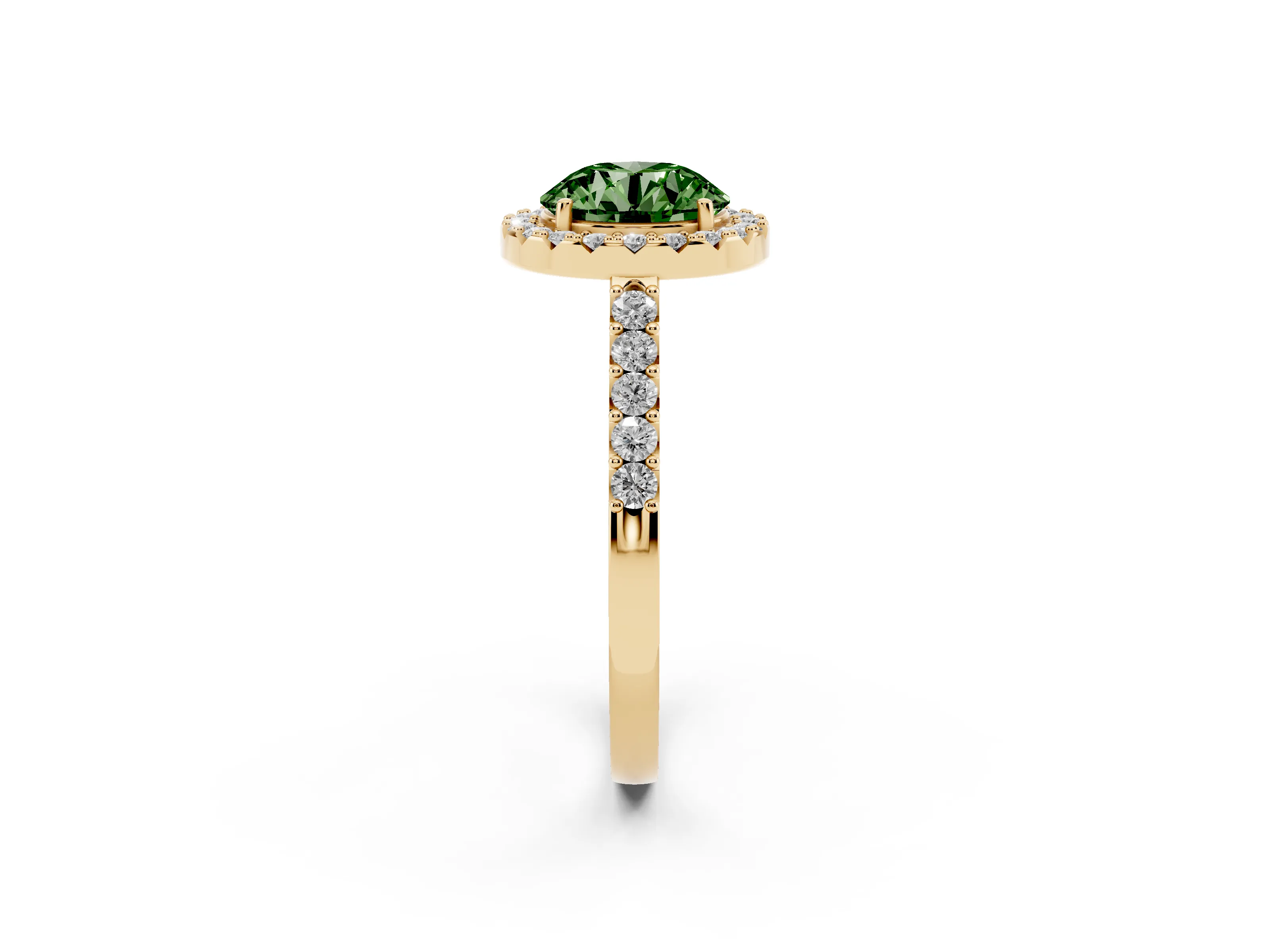 Fancy Green Round Cut Diamond Halo Pavé Solitaire Ring Set in Yellow gold with Prong-Set Center Stone