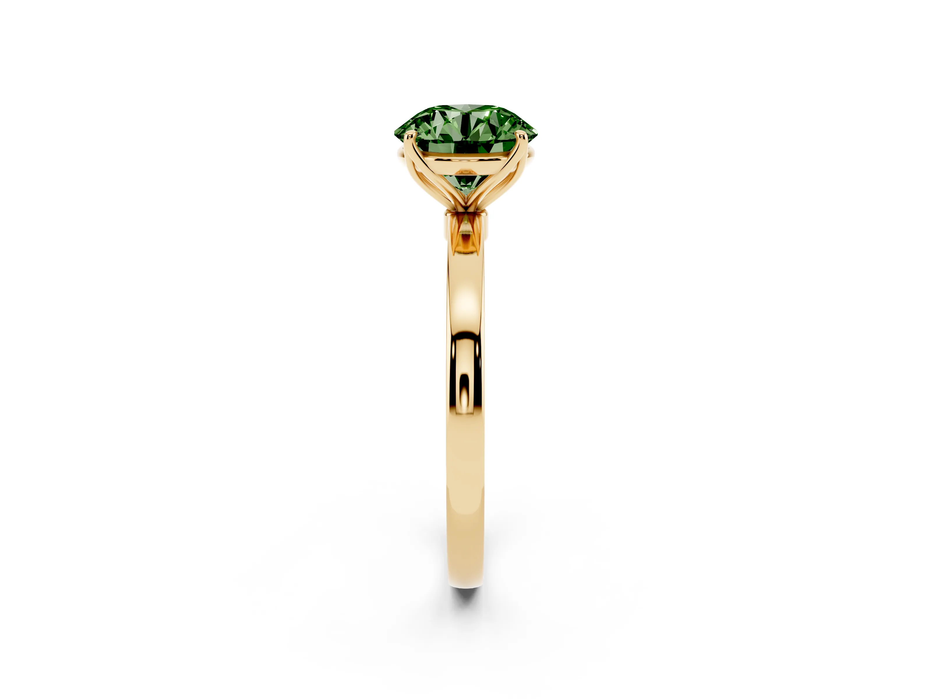 Fancy Green Round Cut Diamond Solitaire Ring Set in Yellow gold with Prong Setting and Thin Polished Band