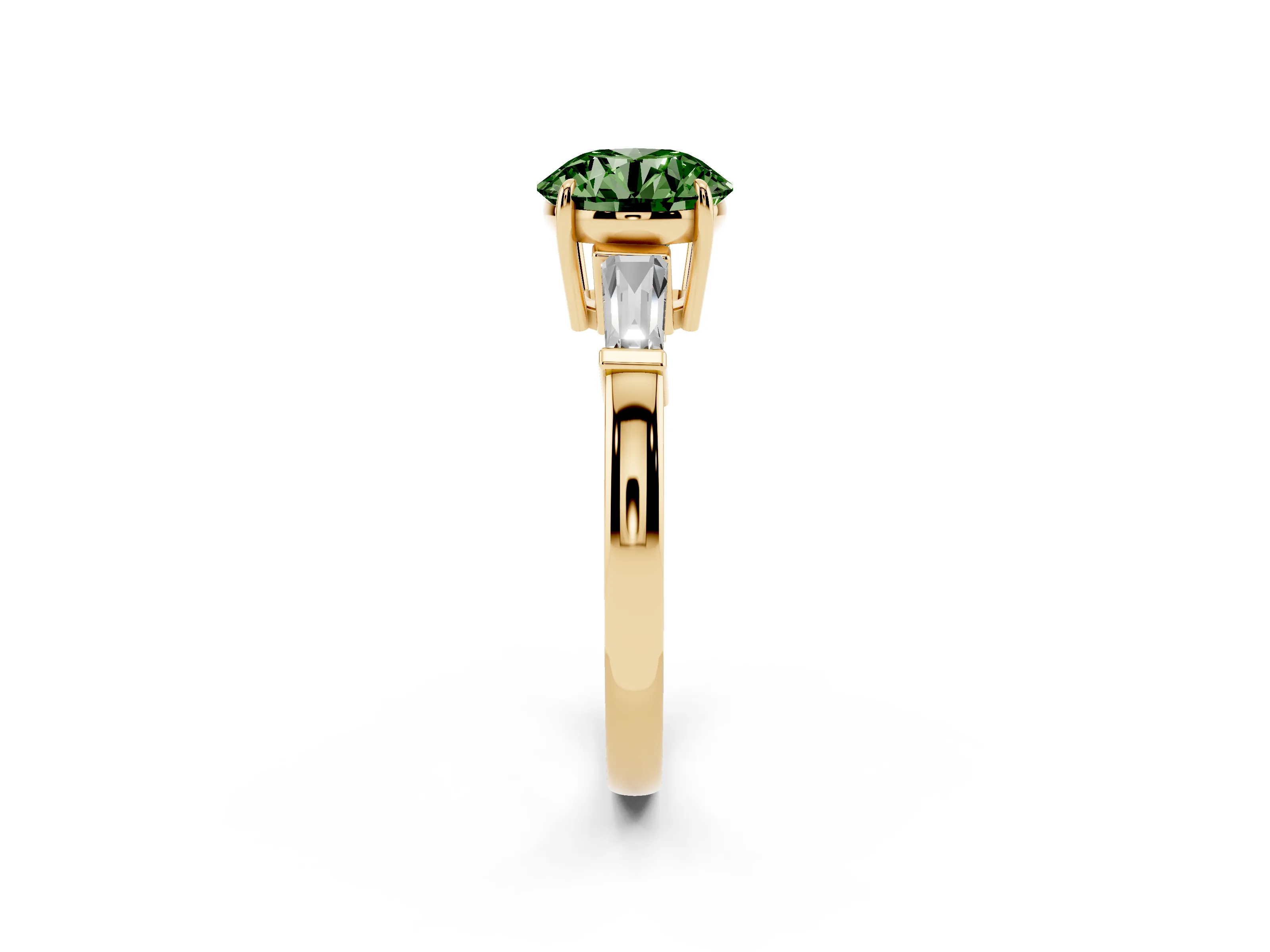 Fancy Green Round Cut Diamond Three-Stone Ring Set in Yellow gold with Tapered Baguette Side Stones and Prong Setting