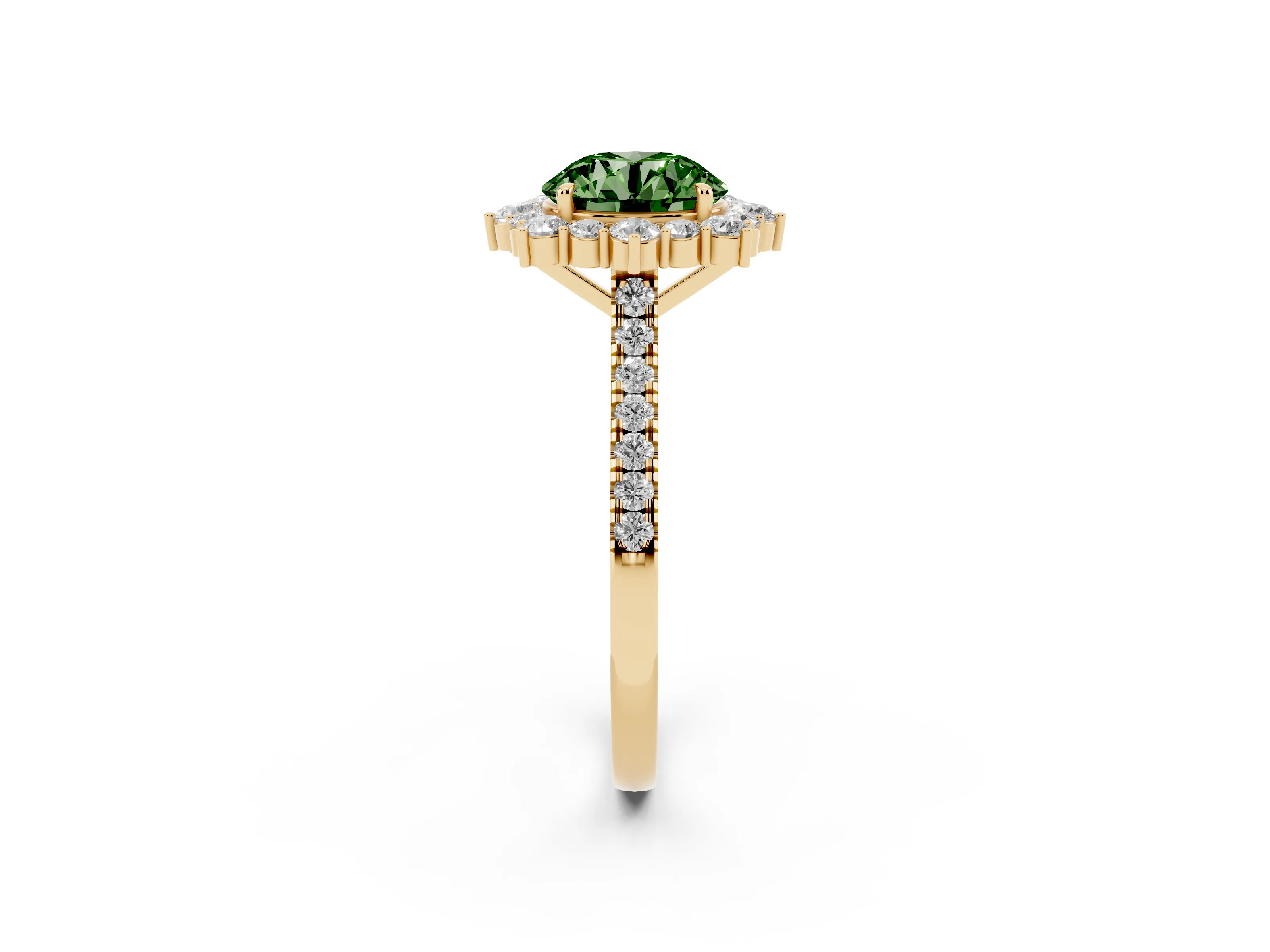Fancy Green Round Cut Diamond Halo Ring Set in Yellow gold with Pavé Band and Prong Setting