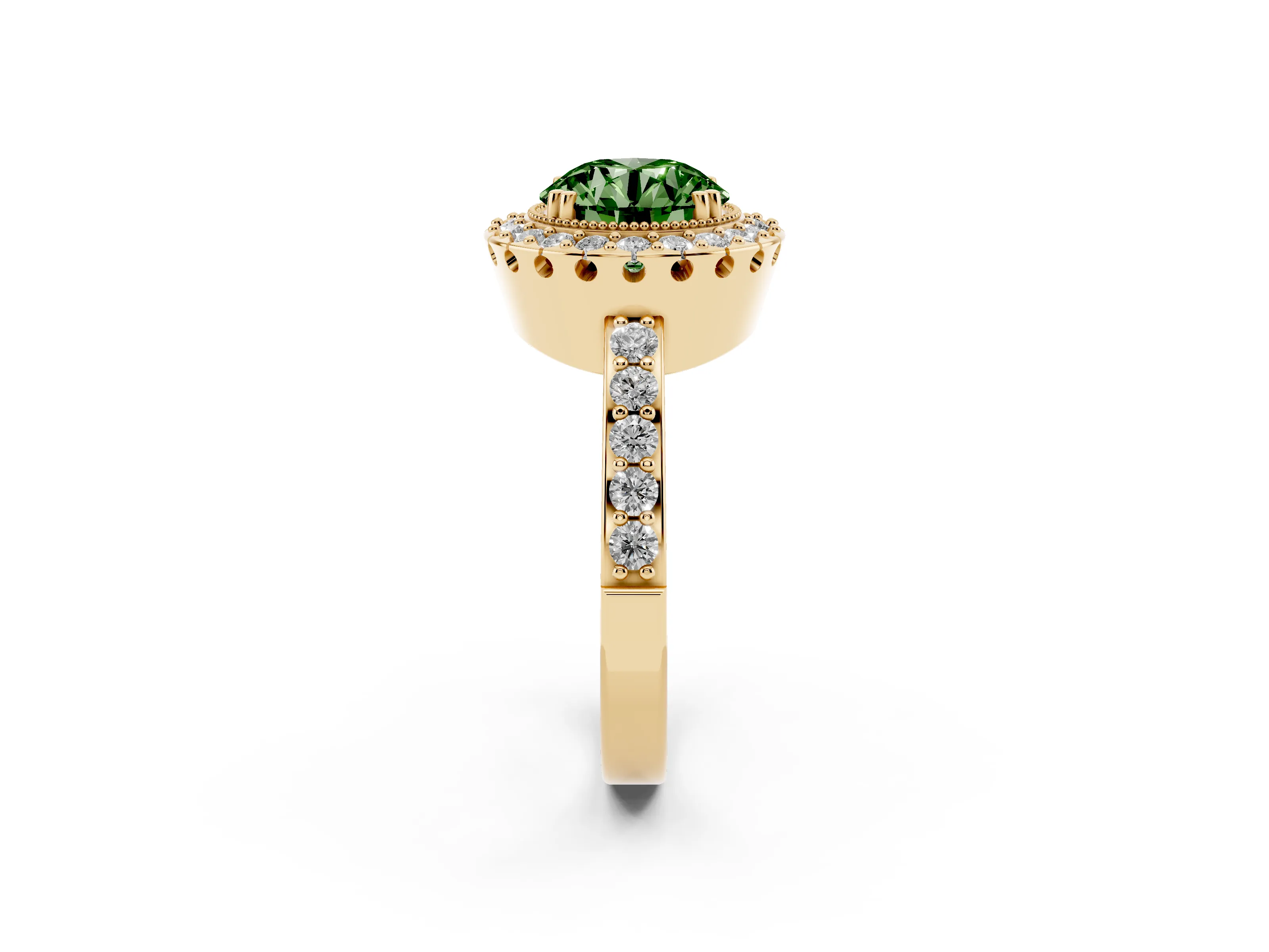 Fancy Green Round Cut Diamond Halo Ring Set in Yellow gold with Pavé Shank and Prong Setting