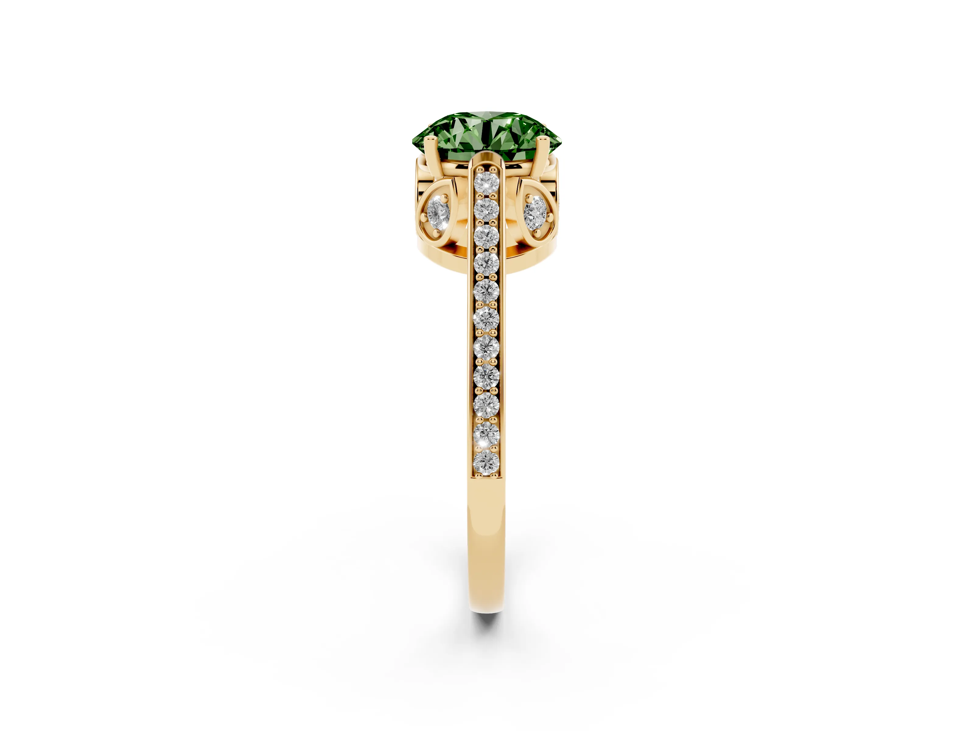 Fancy Green Round Cut Diamond Cathedral Pavé Engagement Ring Set in Yellow gold with Prong Setting