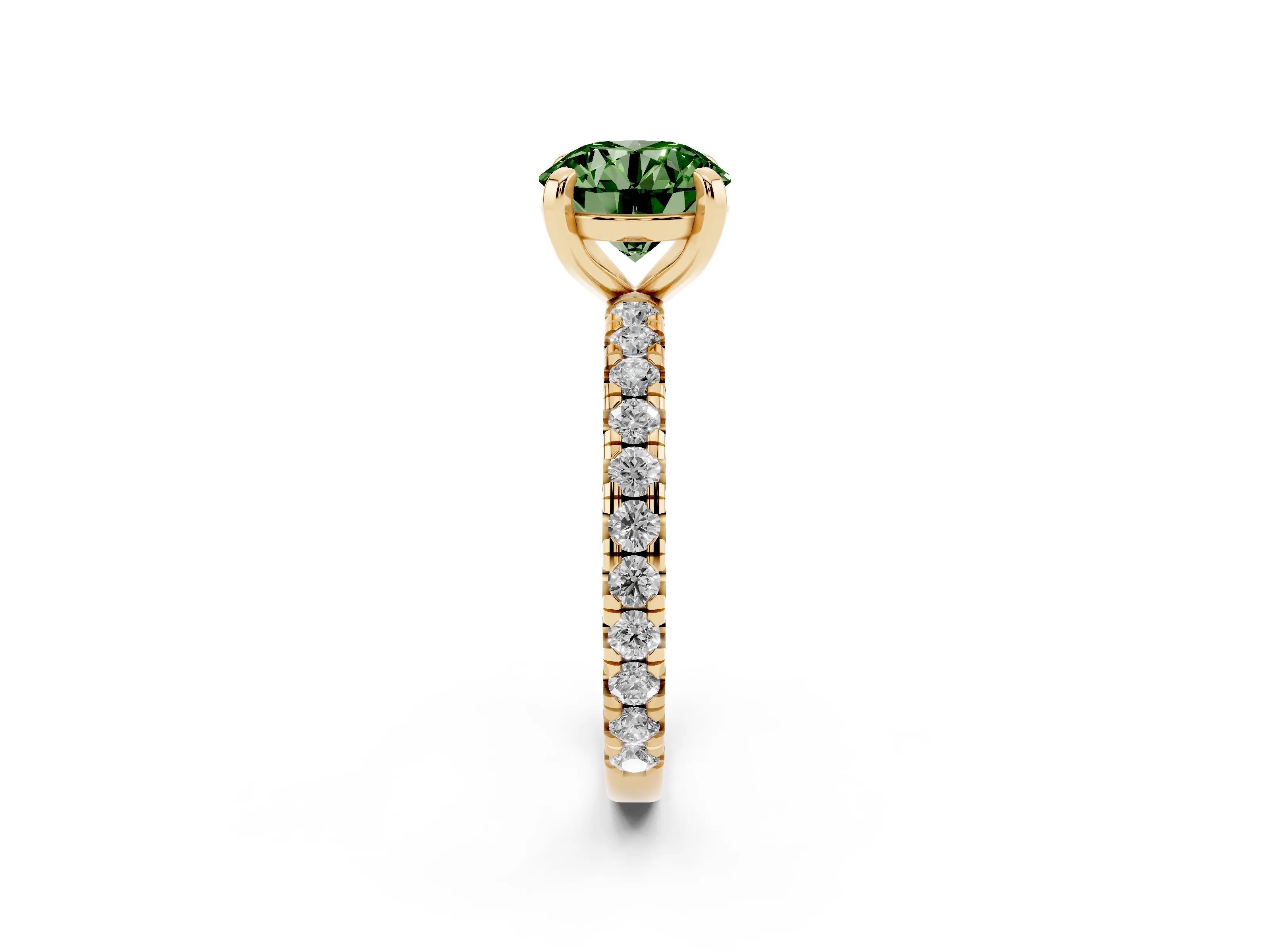 Fancy Green Round Cut Diamond Pavé Solitaire Ring Set in Yellow gold with Round Band and Prong Setting