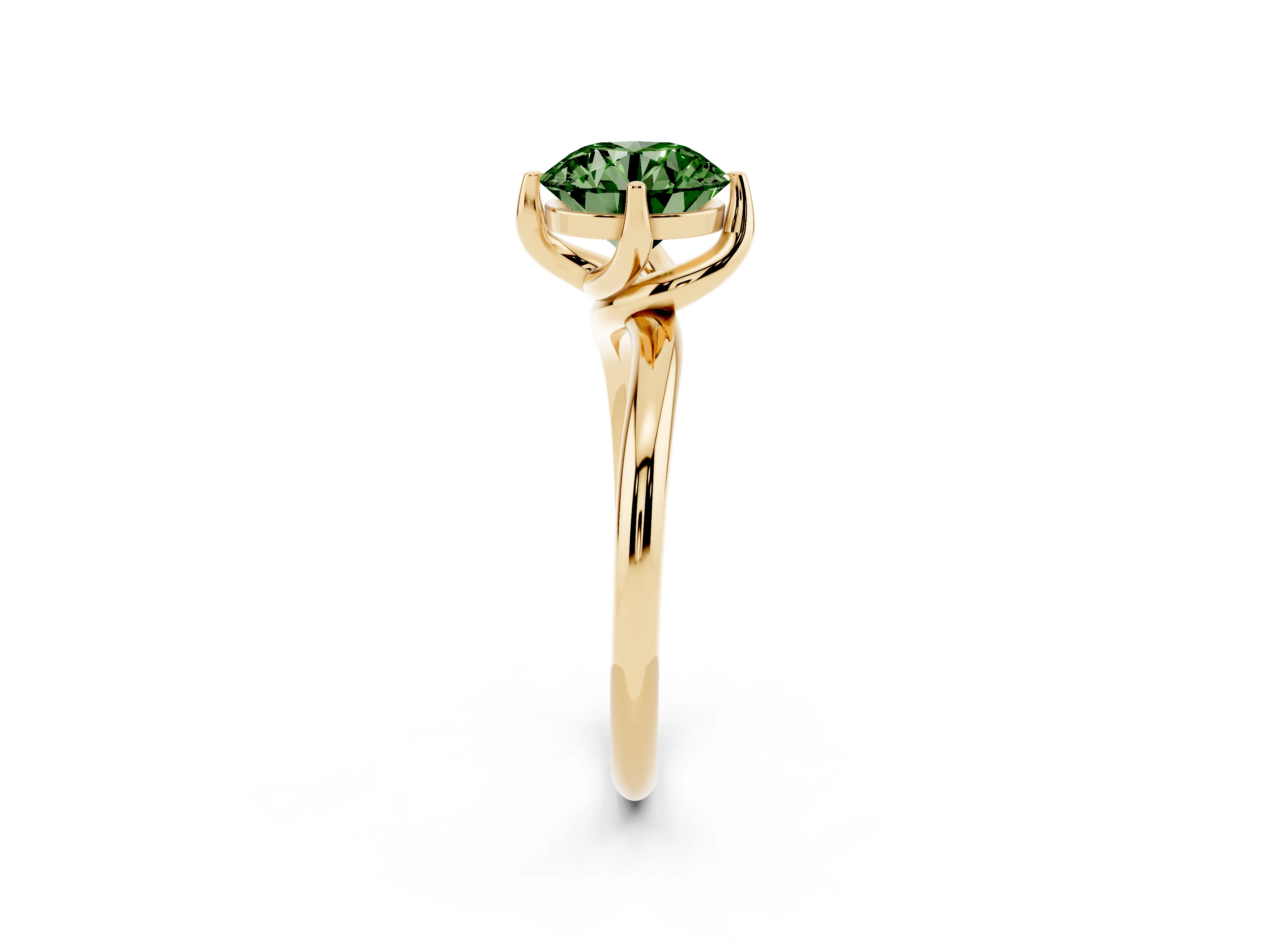 Fancy Green Round Cut Diamond Solitaire Engagement Ring Set in Yellow gold with Classic Plain Band