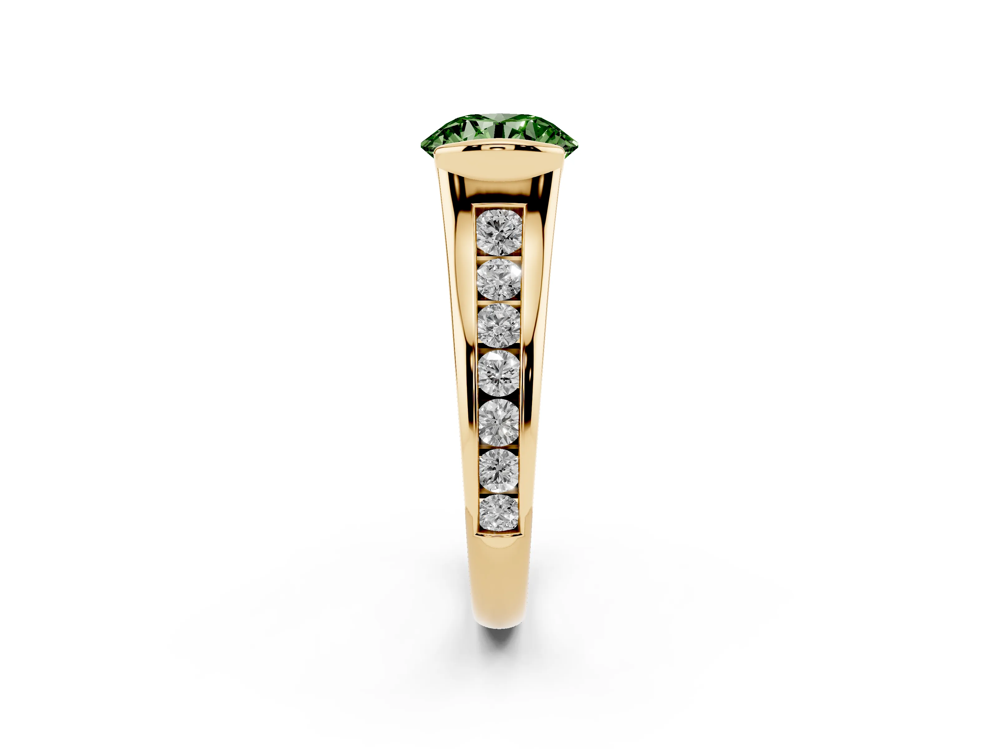 Fancy Green Round Cut Diamond Bezel-Set Solitaire Ring Set in Yellow gold with Channel-Set Band