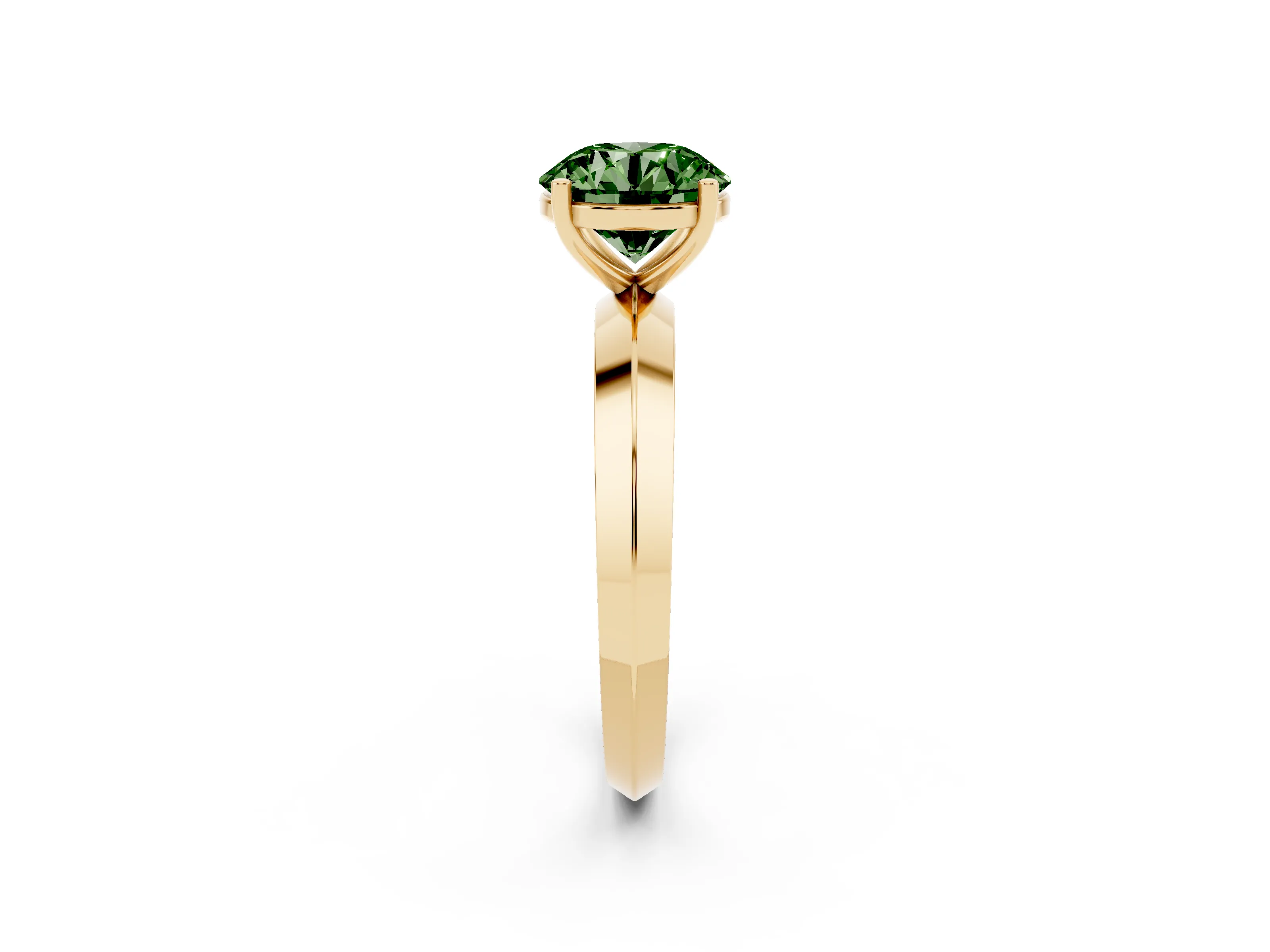 Fancy Green Round Cut Diamond Solitaire Engagement Ring Set in Yellow gold with Flat Band and Prong Setting