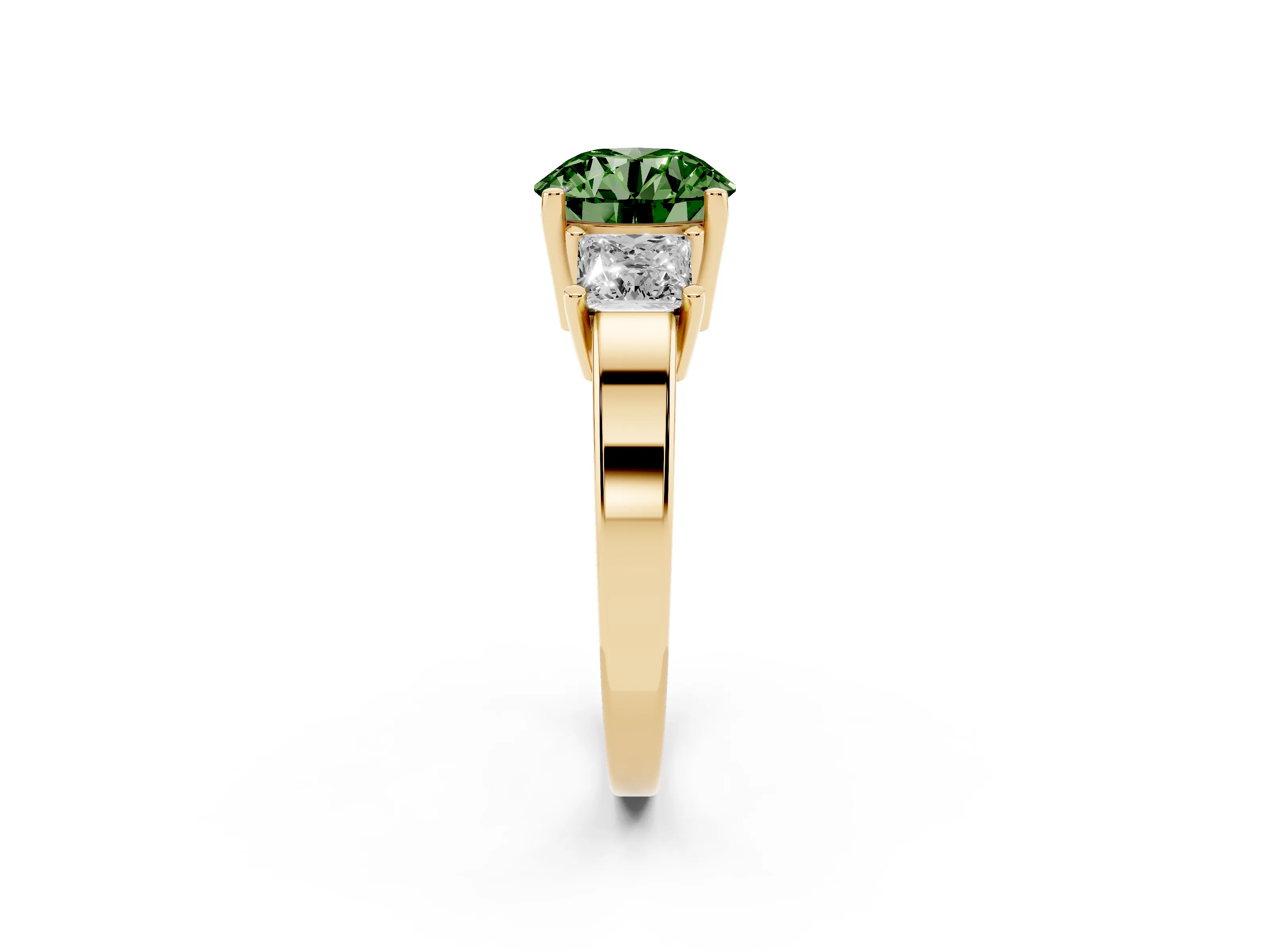 Fancy Green Three-Stone Round Cut Diamond Solitaire Ring Set in Yellow gold with Prong Setting