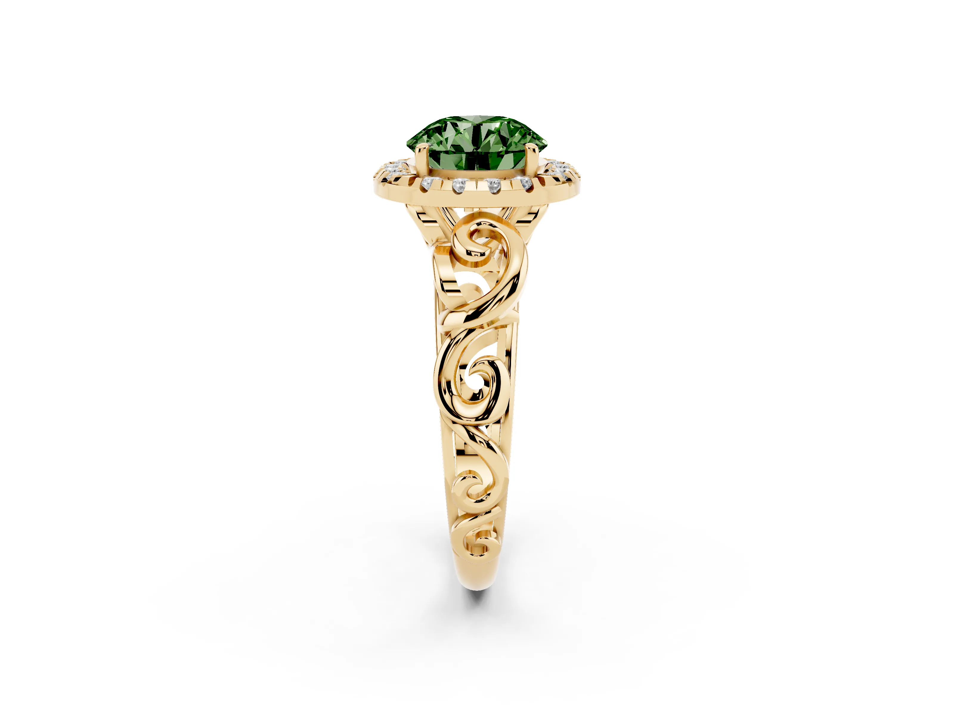 Fancy Green Round Cut Diamond Halo Ring Set in Yellow gold with Scrollwork Band and Prong Setting