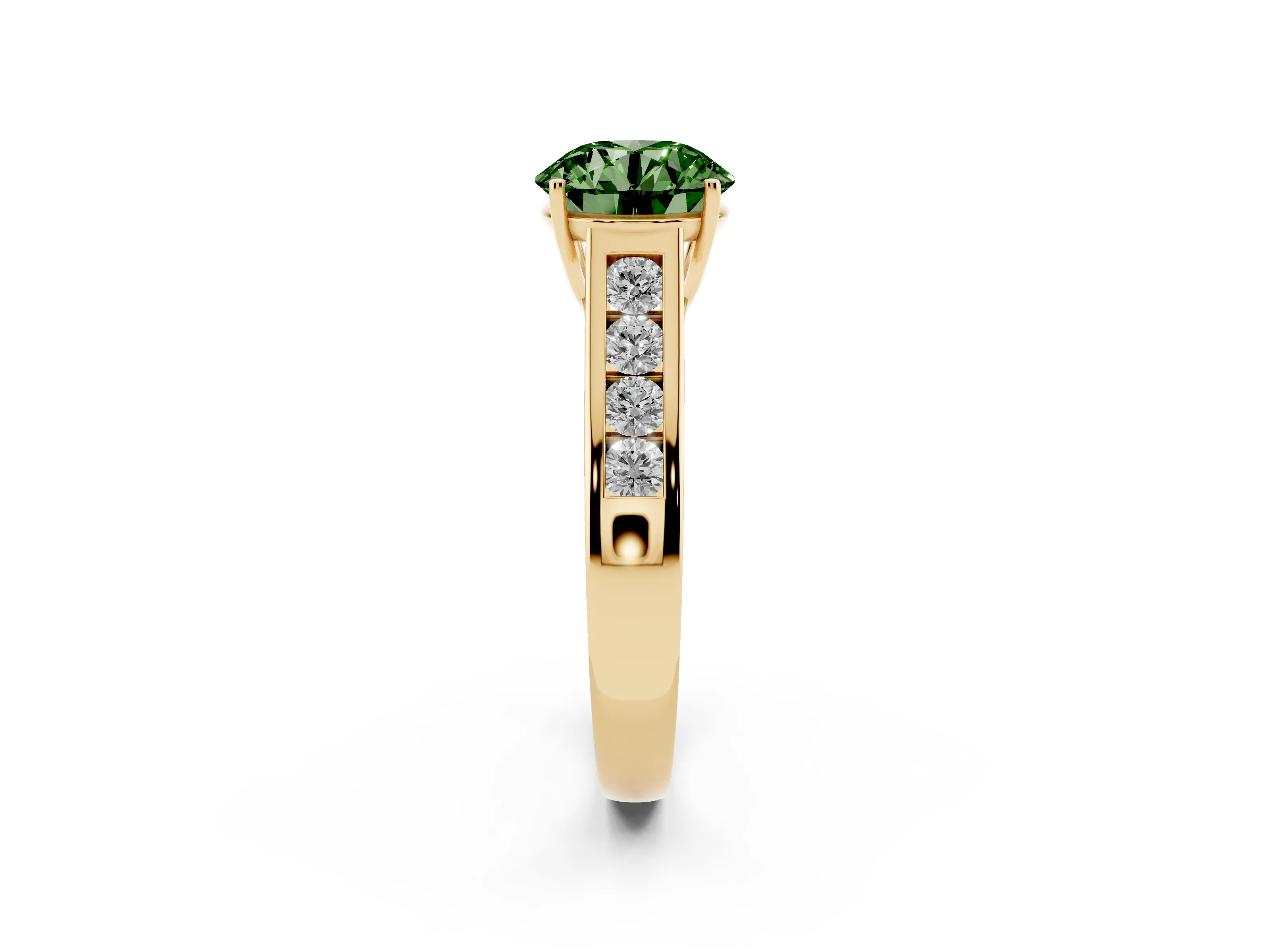 Fancy Green Round Cut Diamond Solitaire Channel-Set Engagement Ring Set in Yellow gold with Prong Setting