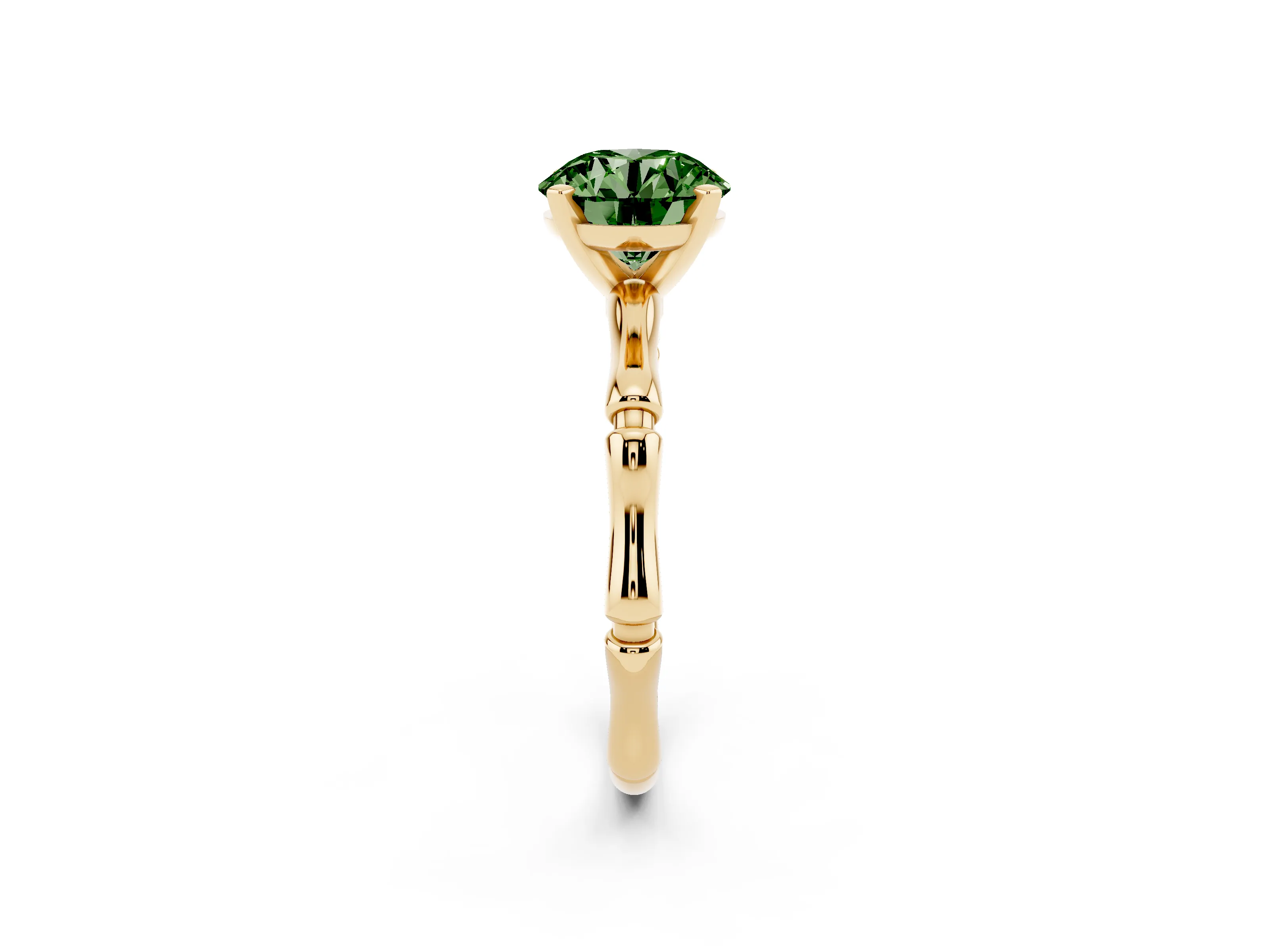 Fancy Green Round Cut Diamond Solitaire Ring Set in Yellow gold with Bamboo Band and Prong Setting