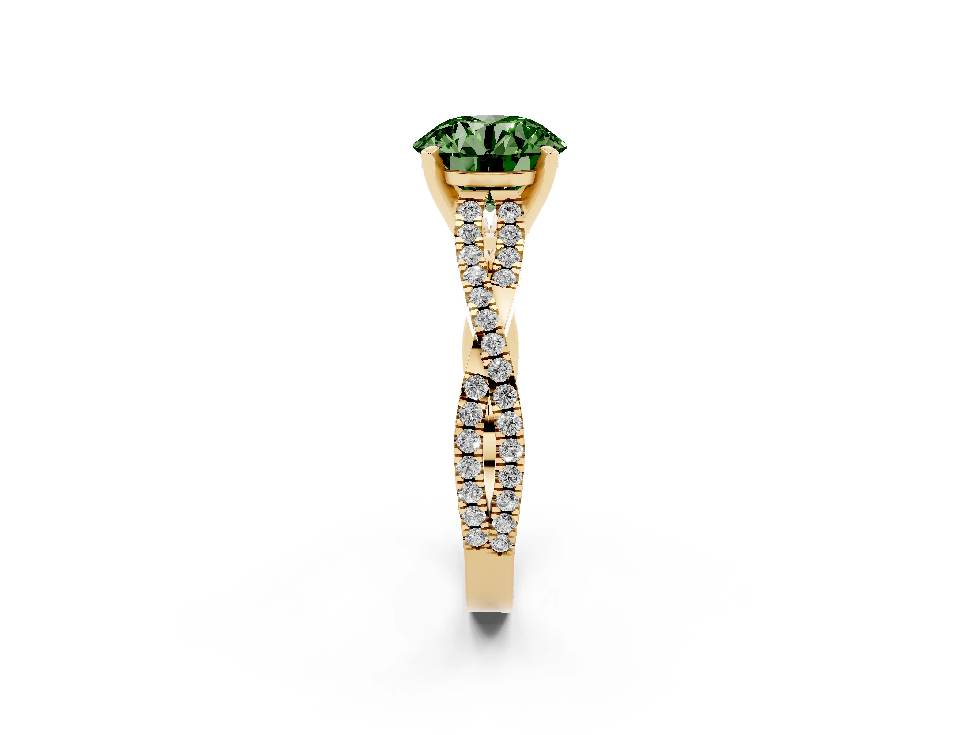 Fancy Green Round Cut Diamond Solitaire Engagement Ring Set in Yellow gold with Twisted Pavé Band and Prong Setting