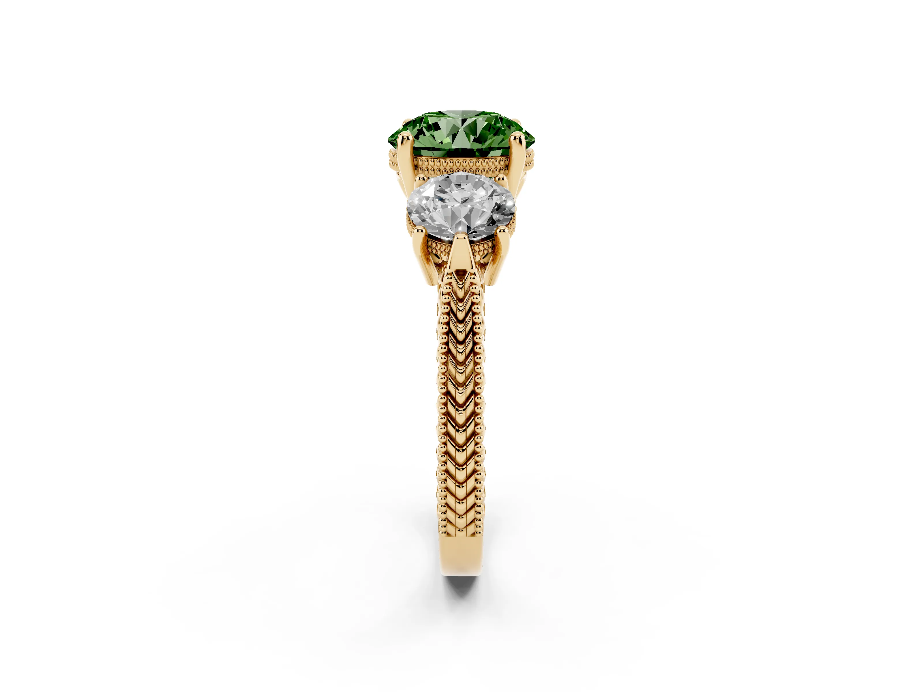 Fancy Green Round Cut Diamond Three-Stone Ring Set in Yellow gold with Milgrain Band