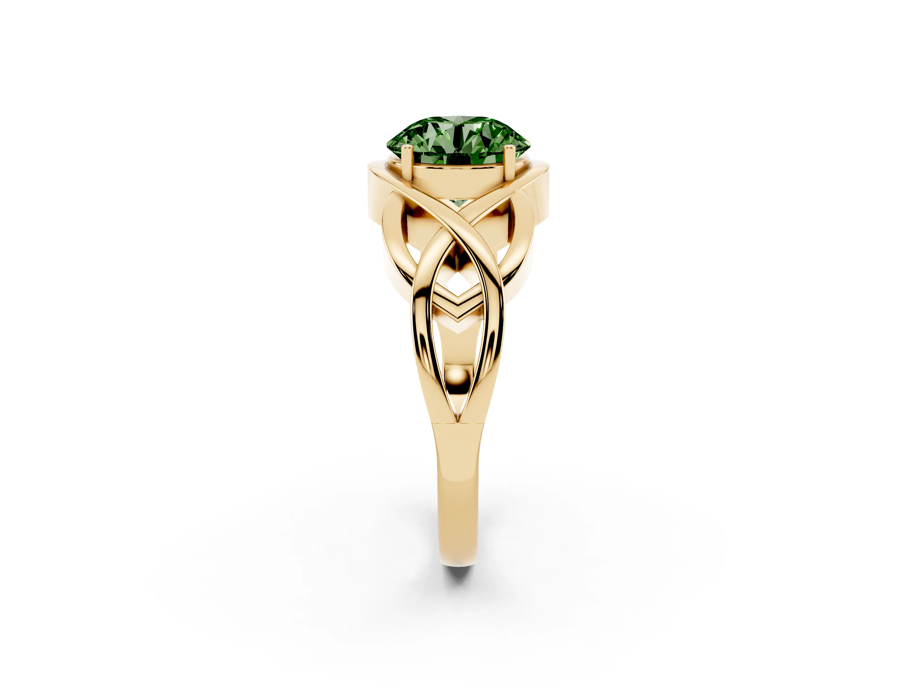 Fancy Green Round Cut Diamond Solitaire Ring Set in Yellow gold with Intertwined Band