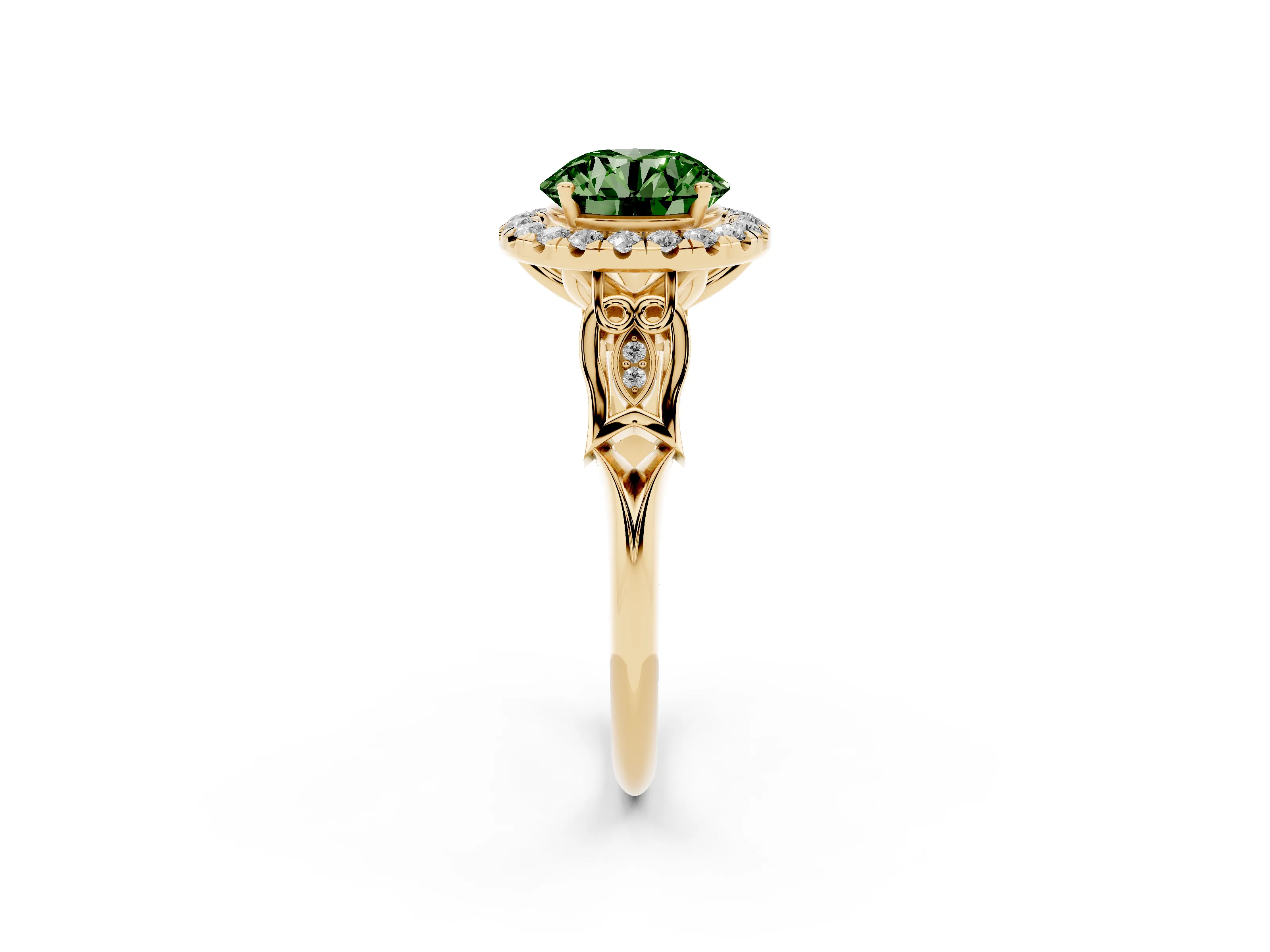 Fancy Green Round Cut Diamond Halo Engagement Ring Set in Yellow gold with Filigree Band and Prong-Set Center
