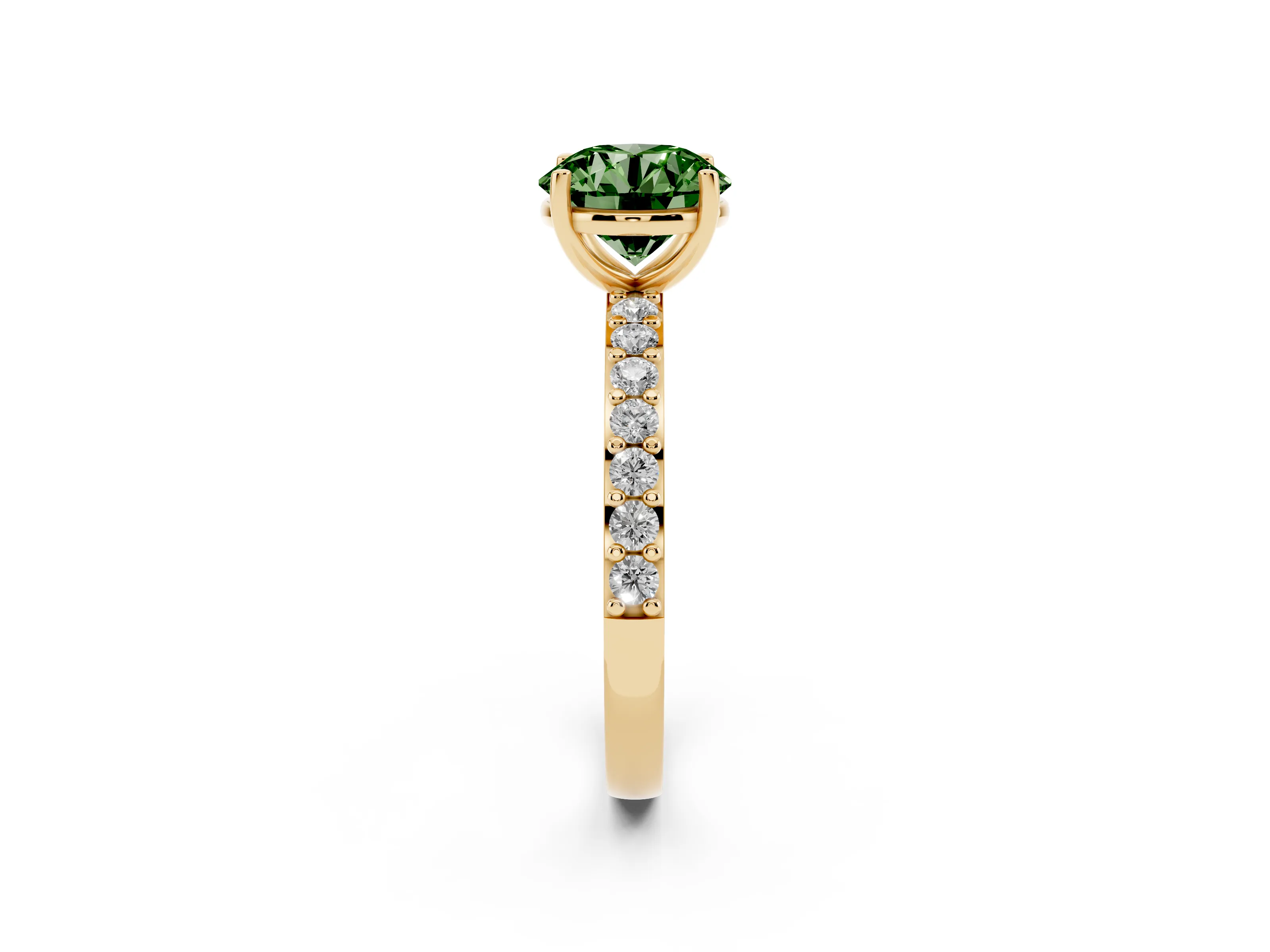 Fancy Green Round Cut Diamond Solitaire Set in Yellow gold with Round Pavé Band and Prong Setting