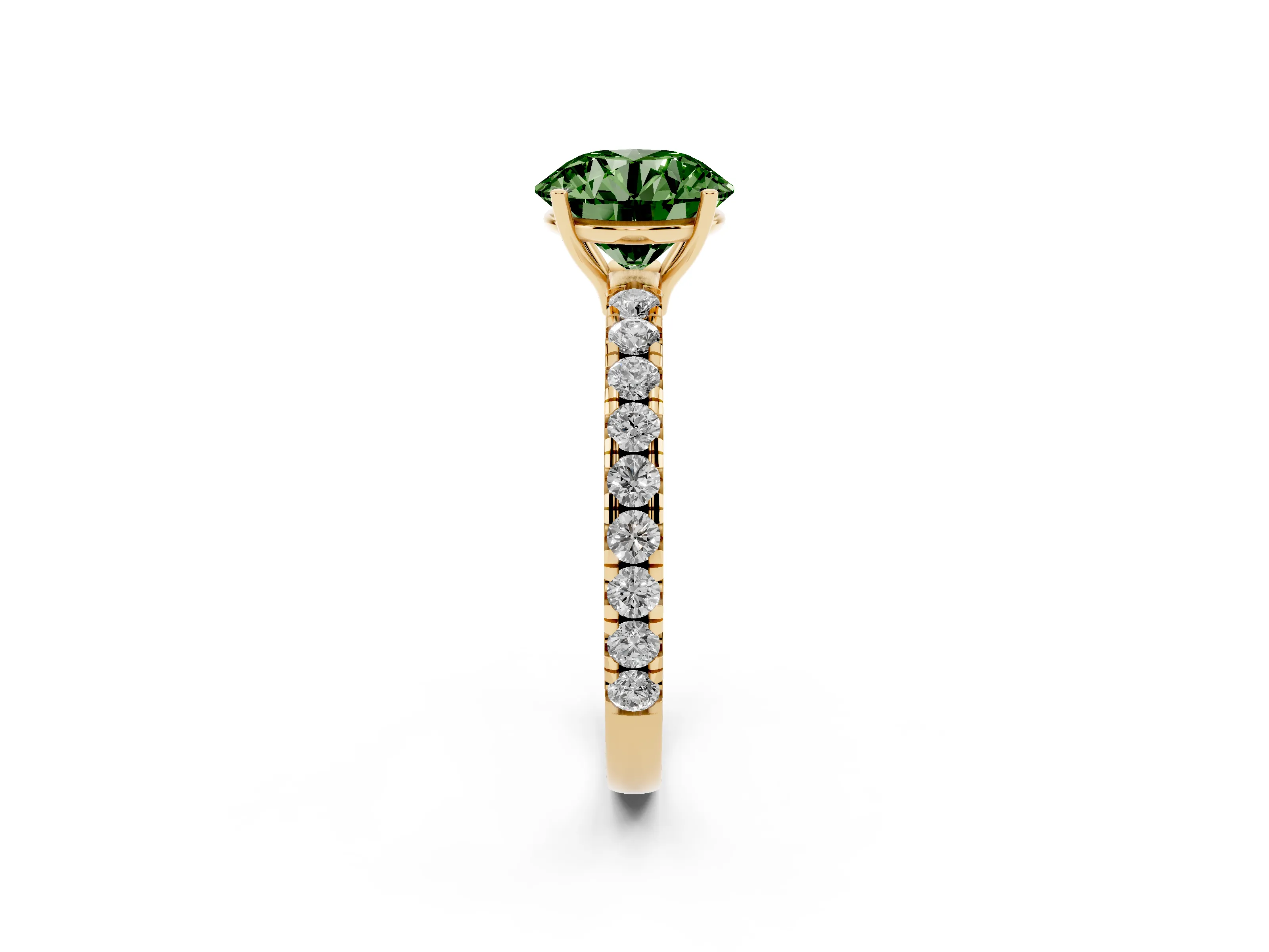 Fancy Green Round Cut Diamond Pavé Solitaire Engagement Ring Set in Yellow gold with Prong Setting