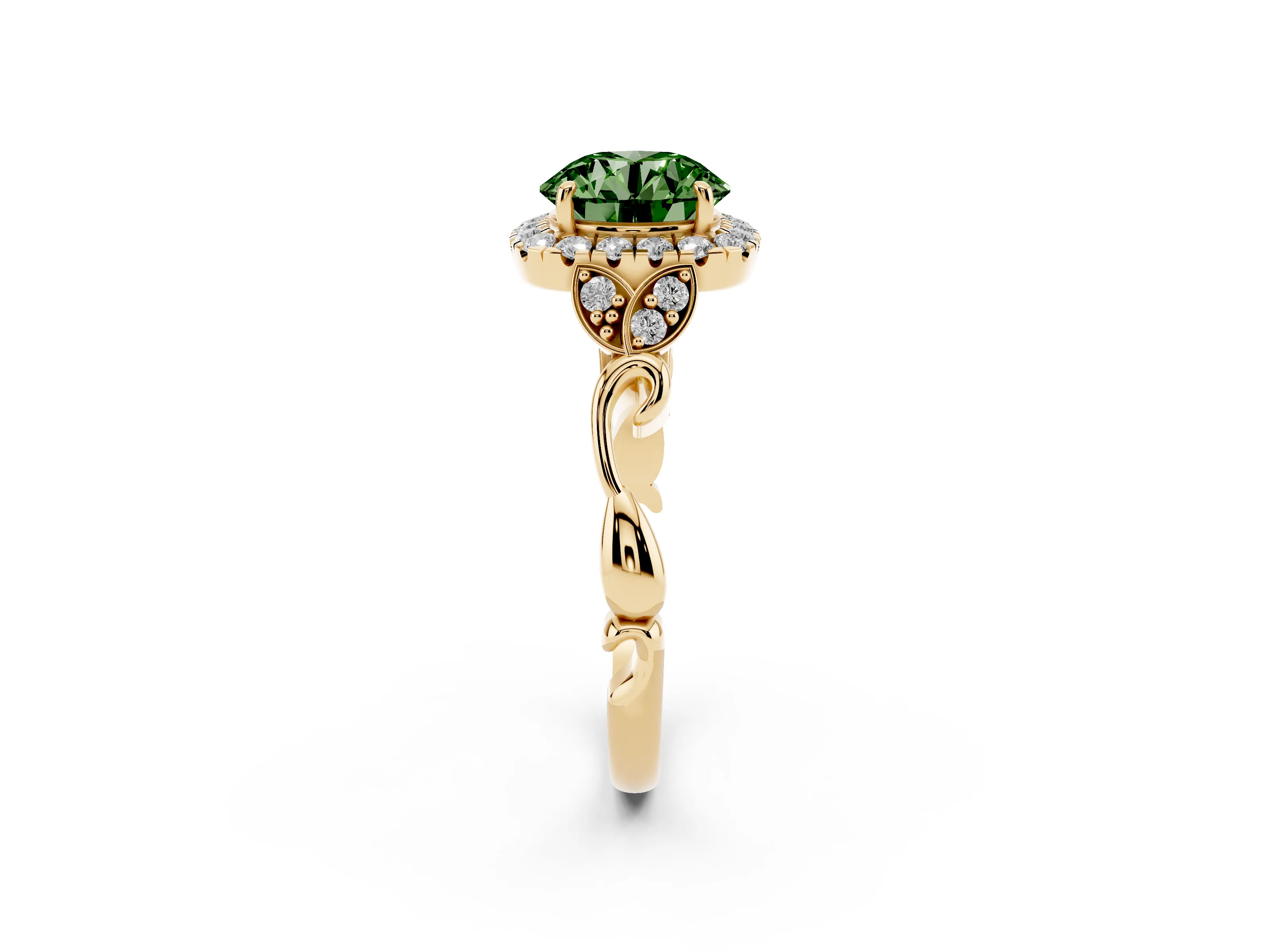 Fancy Green Round Cut Diamond Halo Engagement Ring Set in Yellow gold with Vintage-Inspired Band and Prong Setting
