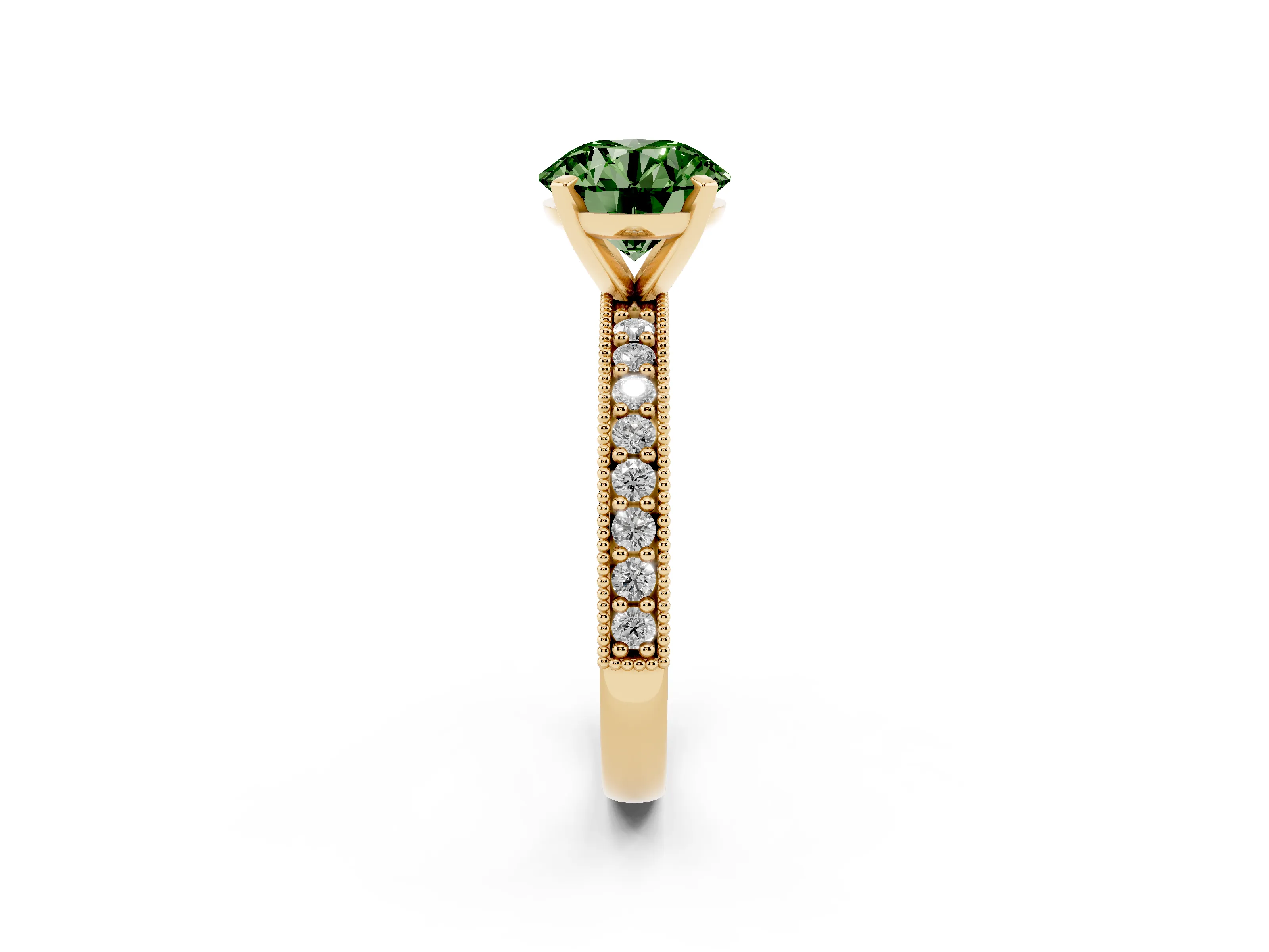 Fancy Green Round Cut Diamond Milgrain Pavé Engagement Ring Set in Yellow gold with Prong Setting