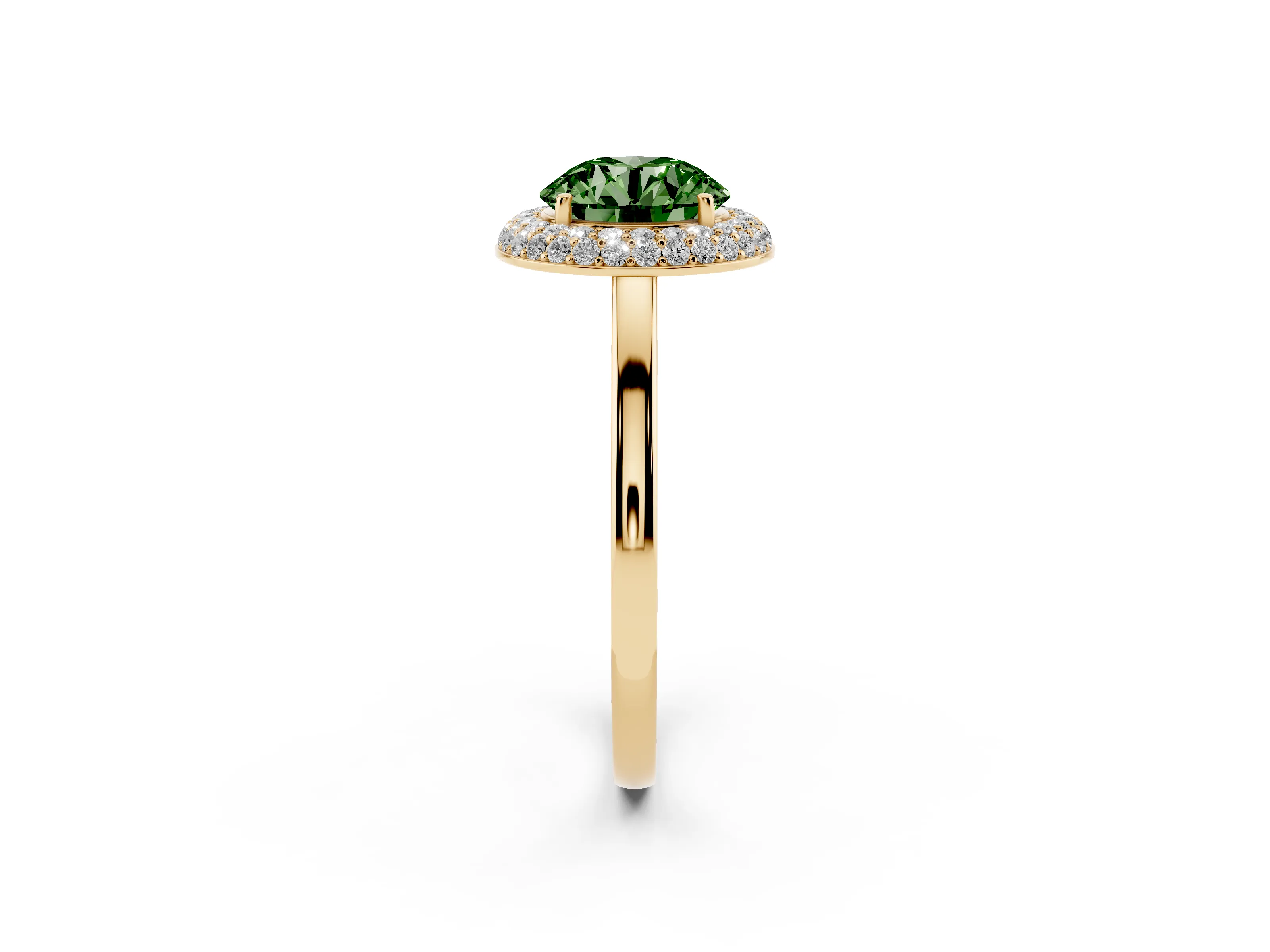 Fancy Green Round Cut Diamond Halo Engagement Ring Set in Yellow gold with Solitaire Band and Prong Setting