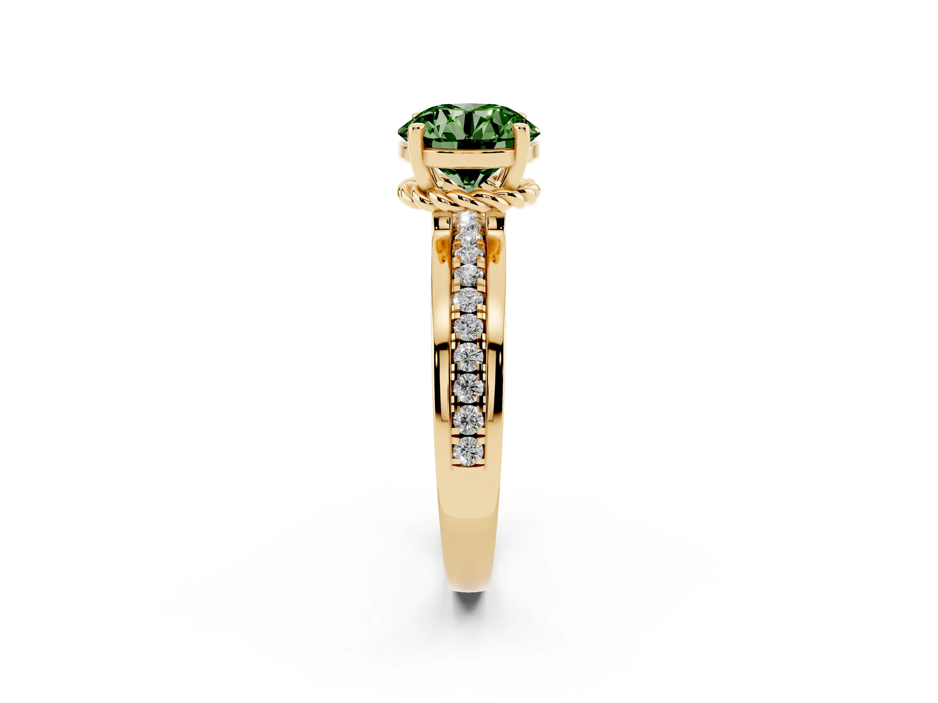 Fancy Green Round Cut Diamond Solitaire Ring Set in Yellow gold with Channel Set Band and Prong Setting