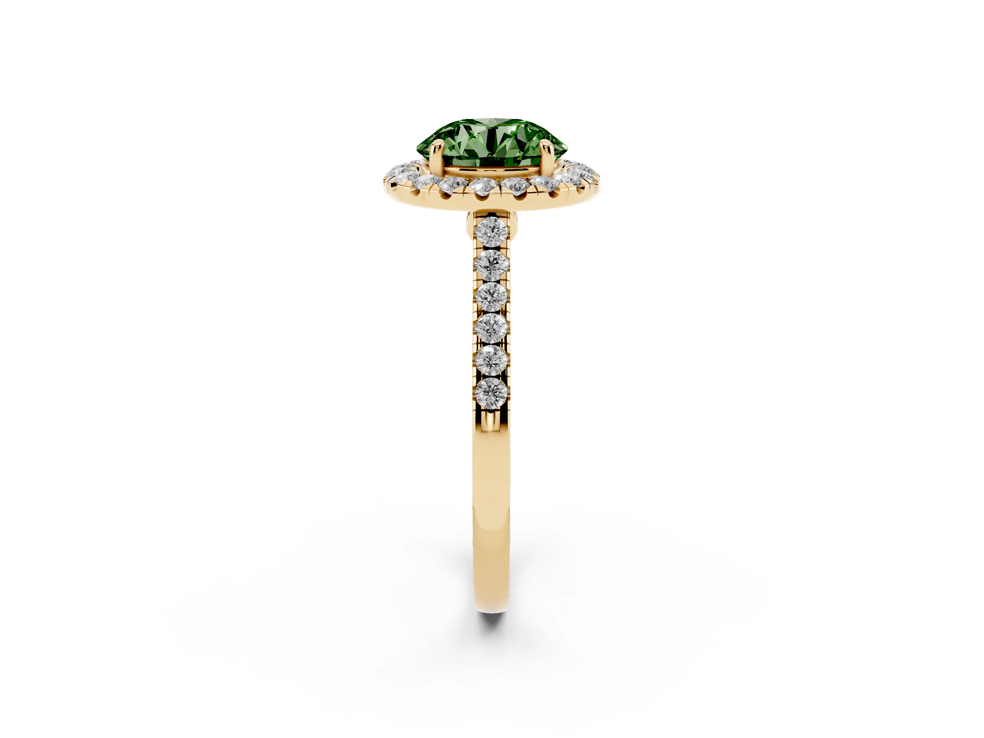 Fancy Green Round Cut Diamond Halo Pavé Engagement Ring Set in Yellow gold with Prong Setting