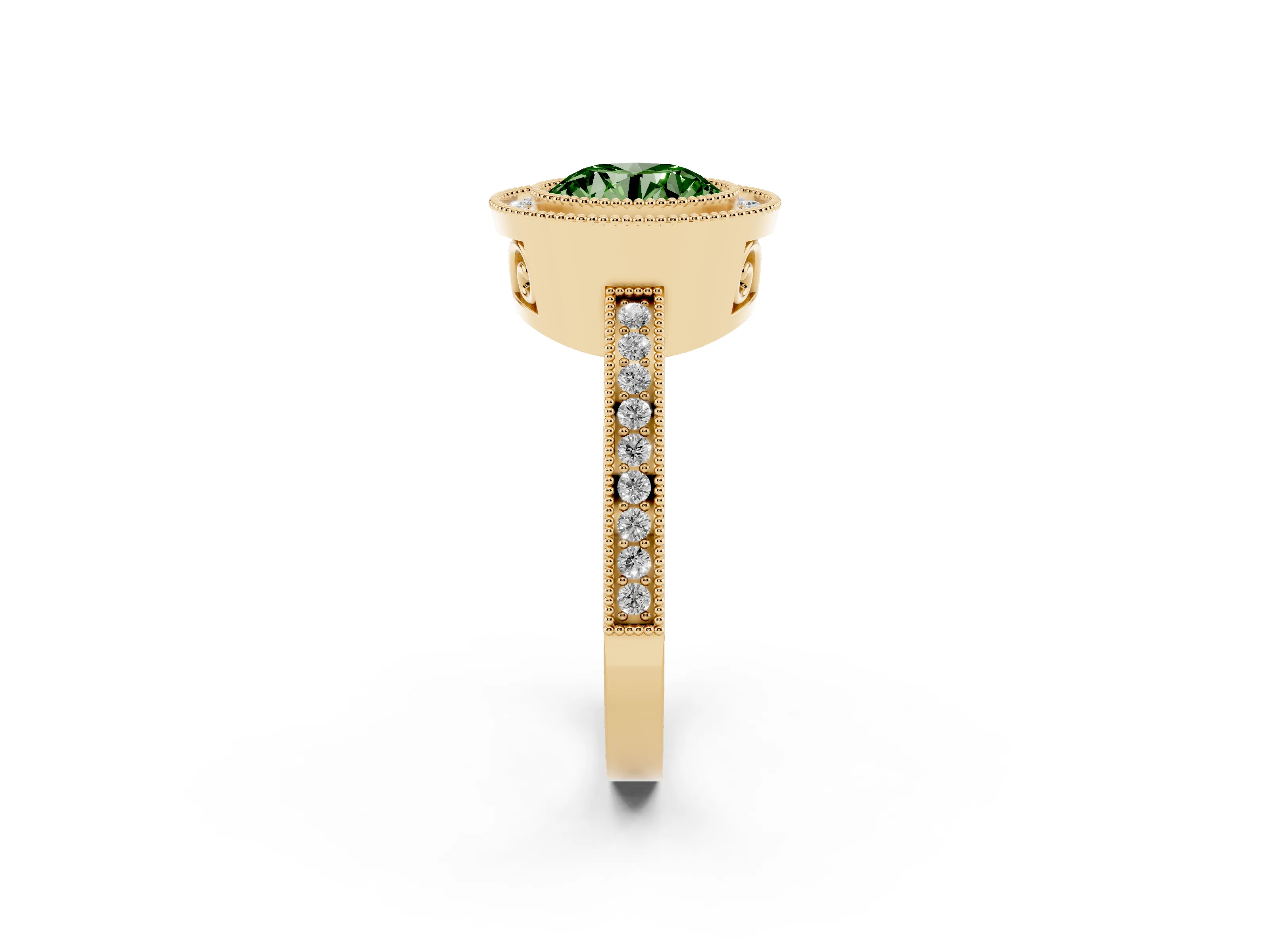Fancy Green Round Cut Diamond Halo Ring Set in Yellow gold with Pavé Band and Milgrain-Edged Prongs
