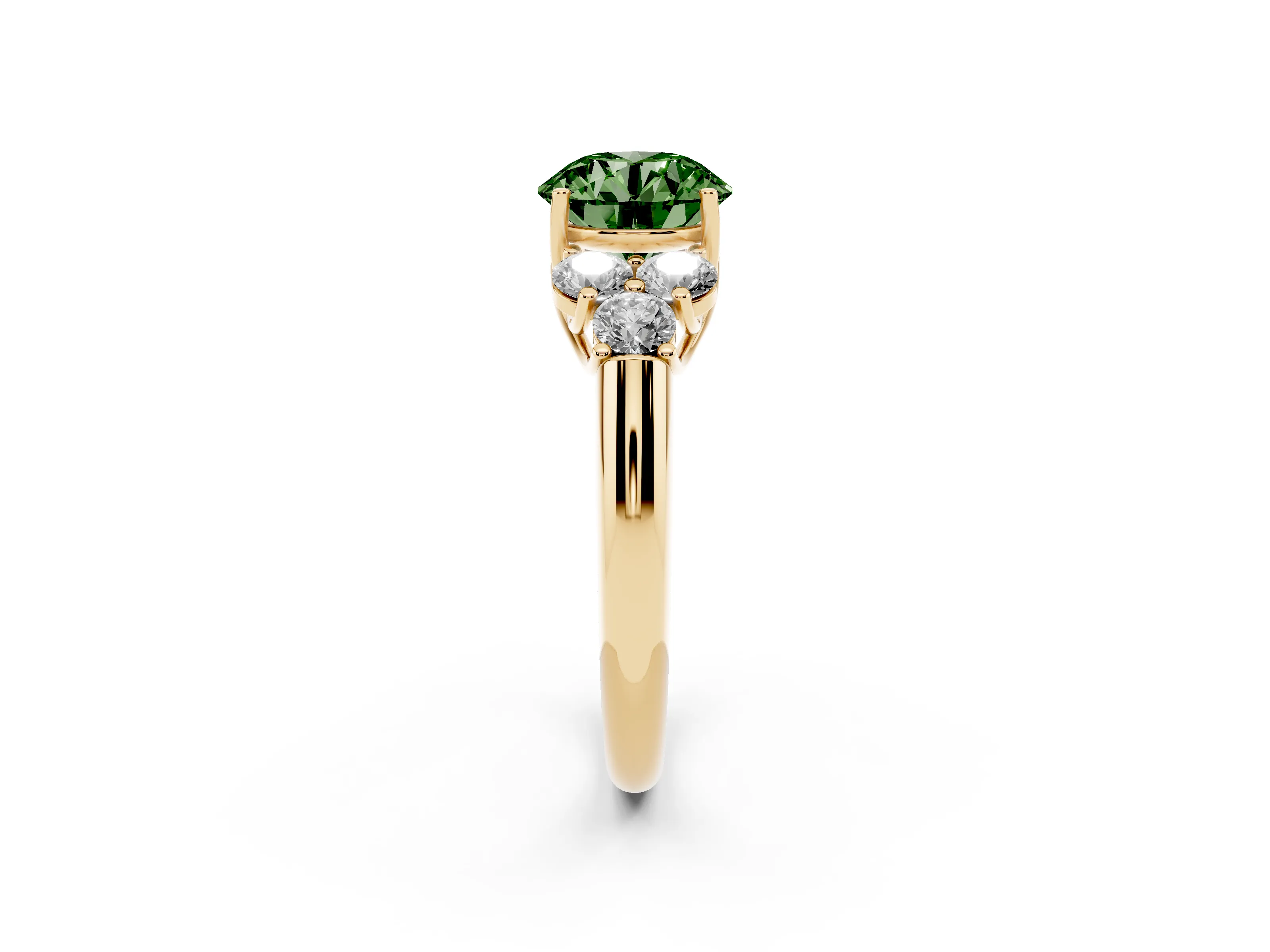 Fancy Green Round Cut Diamond Cluster Ring Set in Yellow gold with Round Accent Stones and Prong Setting on a Plain Band