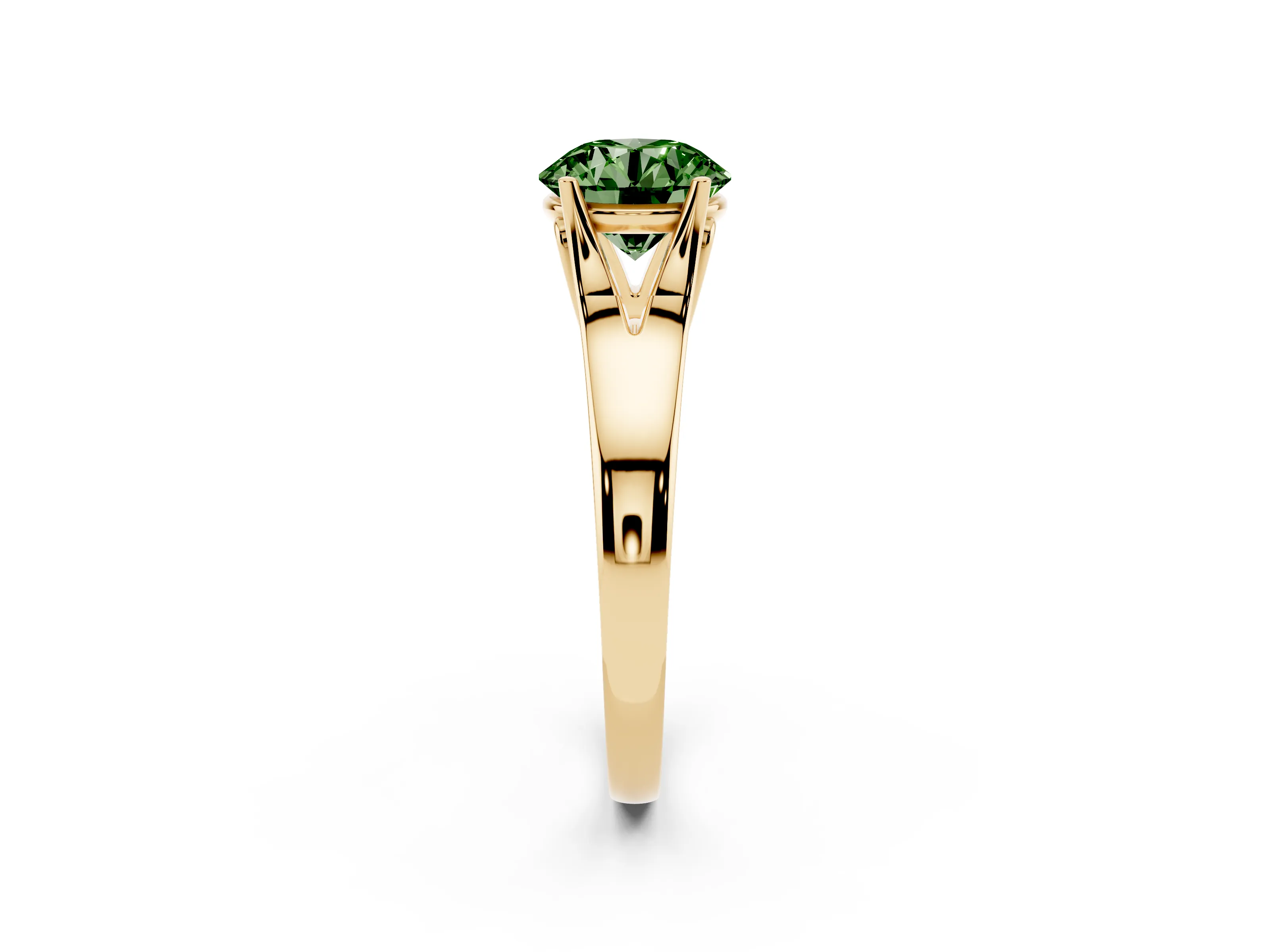 Fancy Green Round Cut Diamond Solitaire Ring Set in Yellow gold with Arched Cathedral Band and Prong Setting